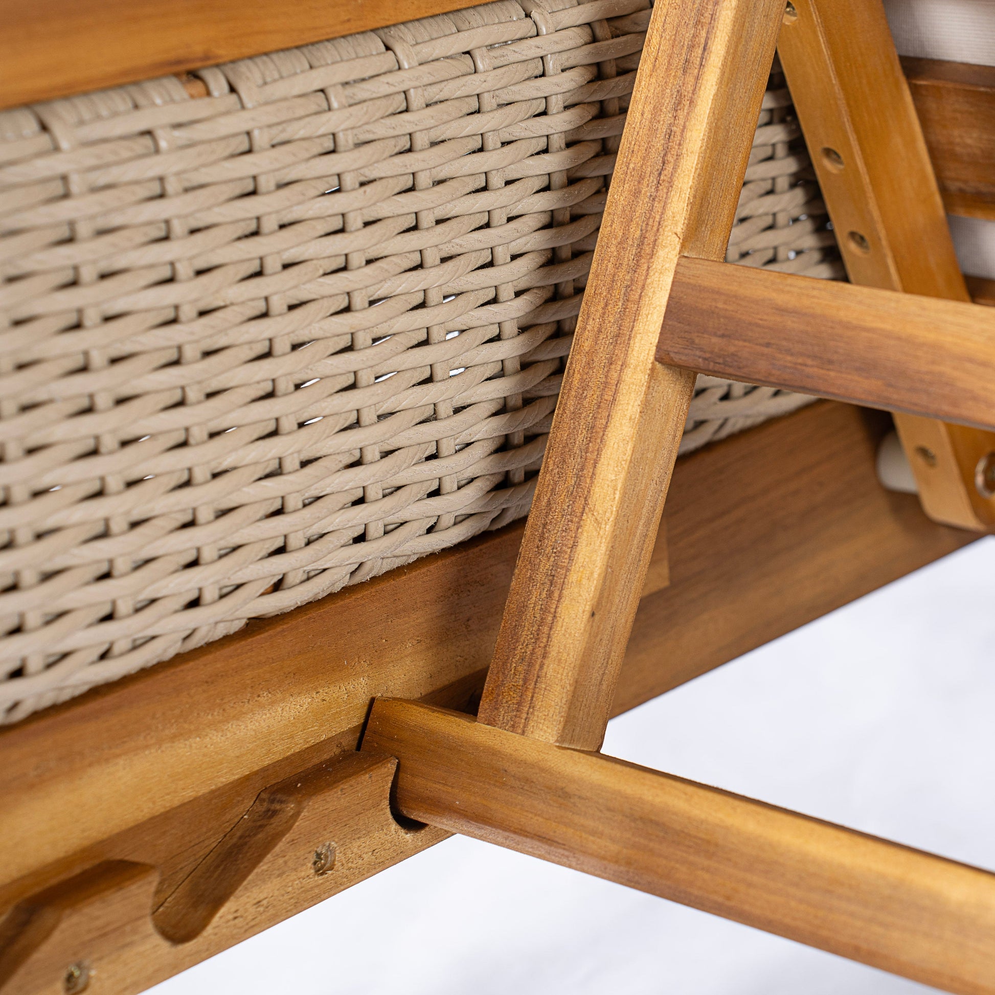 76.8in solid acacia wood sun loungers set of 2 with cushions, woven rattan back and wood frame on Tampa Home & Garden Store