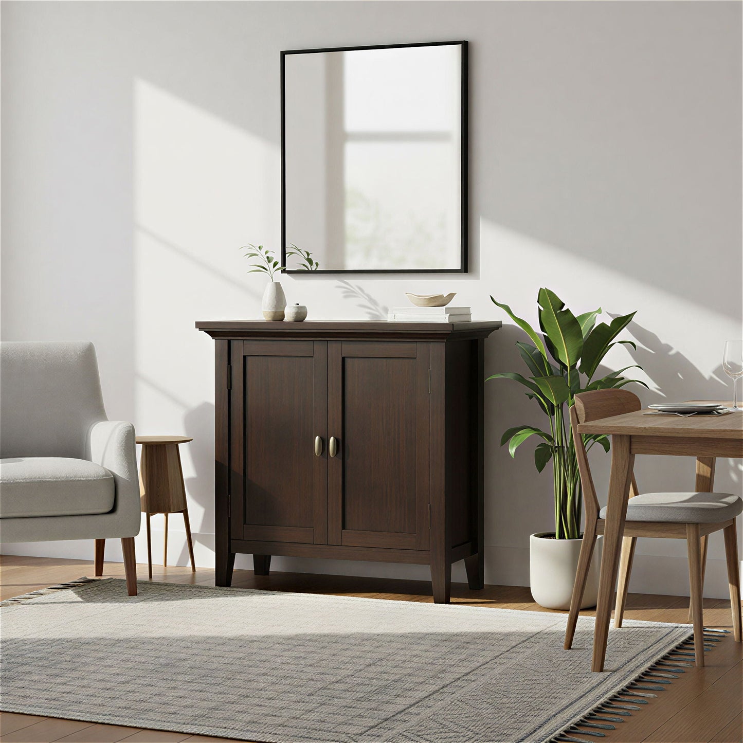 Redmond low storage cabinet brunette brown in dark wood finish with two doors on Tampa Home & Garden Store