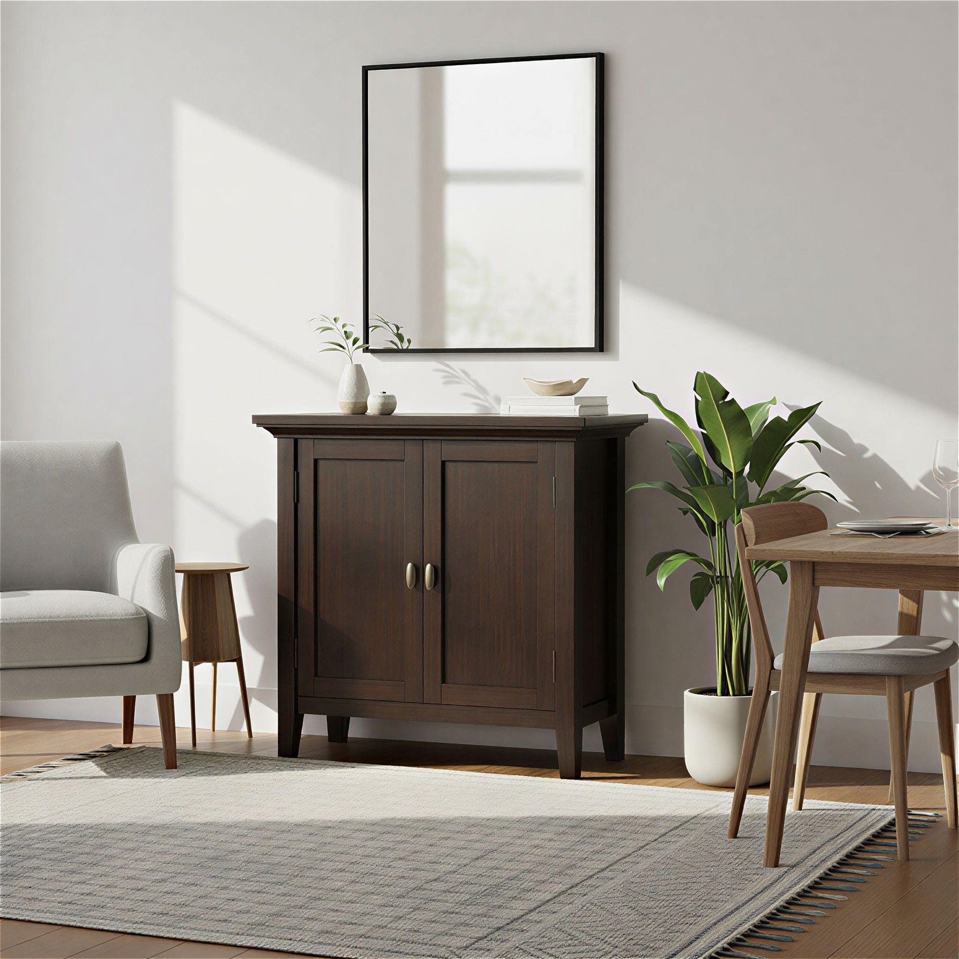 Redmond low storage cabinet brunette brown in dark wood finish with two doors on Tampa Home & Garden Store