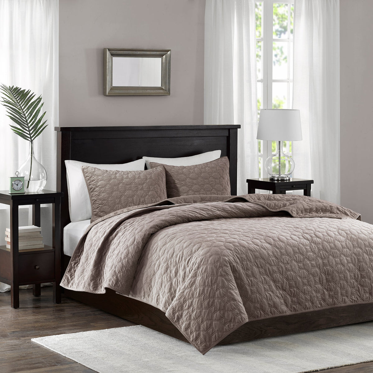 3 Piece Velvet Quilt Set Taupe Full/Queen with quilted hex pattern on bed on Tampa Home & Garden Store