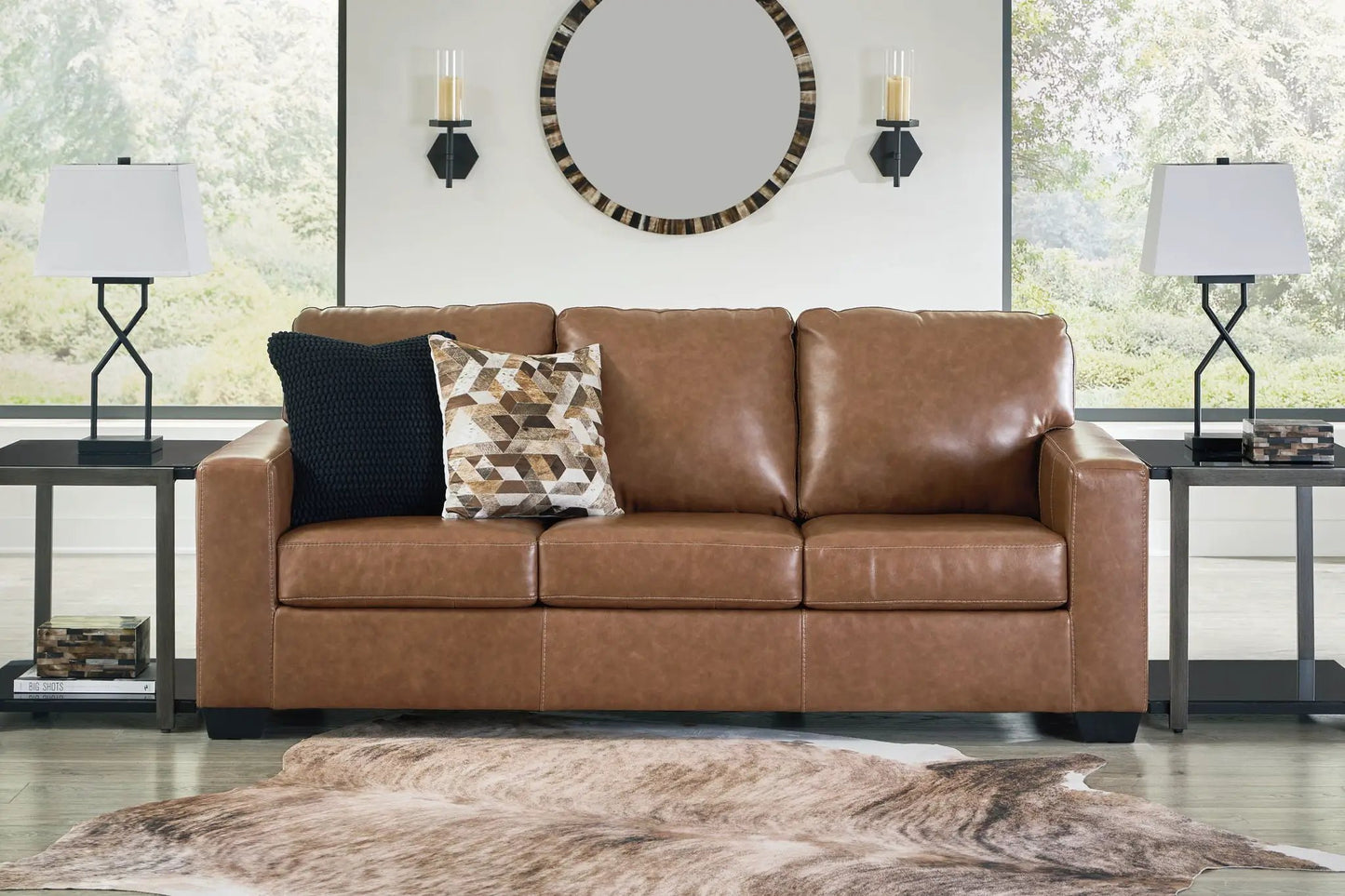 Bolsena sofa by Unique Piece Furniture, tan brown leather stationary sofa in living room on Tampa Home & Garden Store