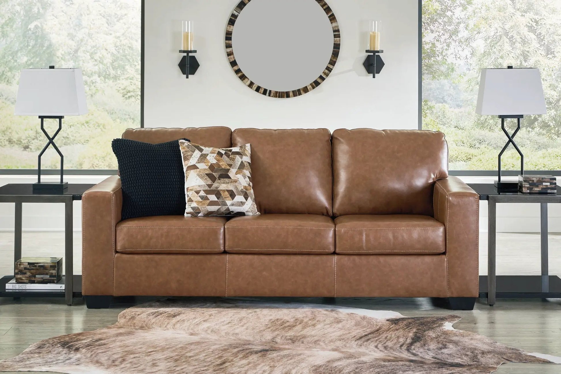 Bolsena sofa by Unique Piece Furniture, tan brown leather stationary sofa in living room on Tampa Home & Garden Store