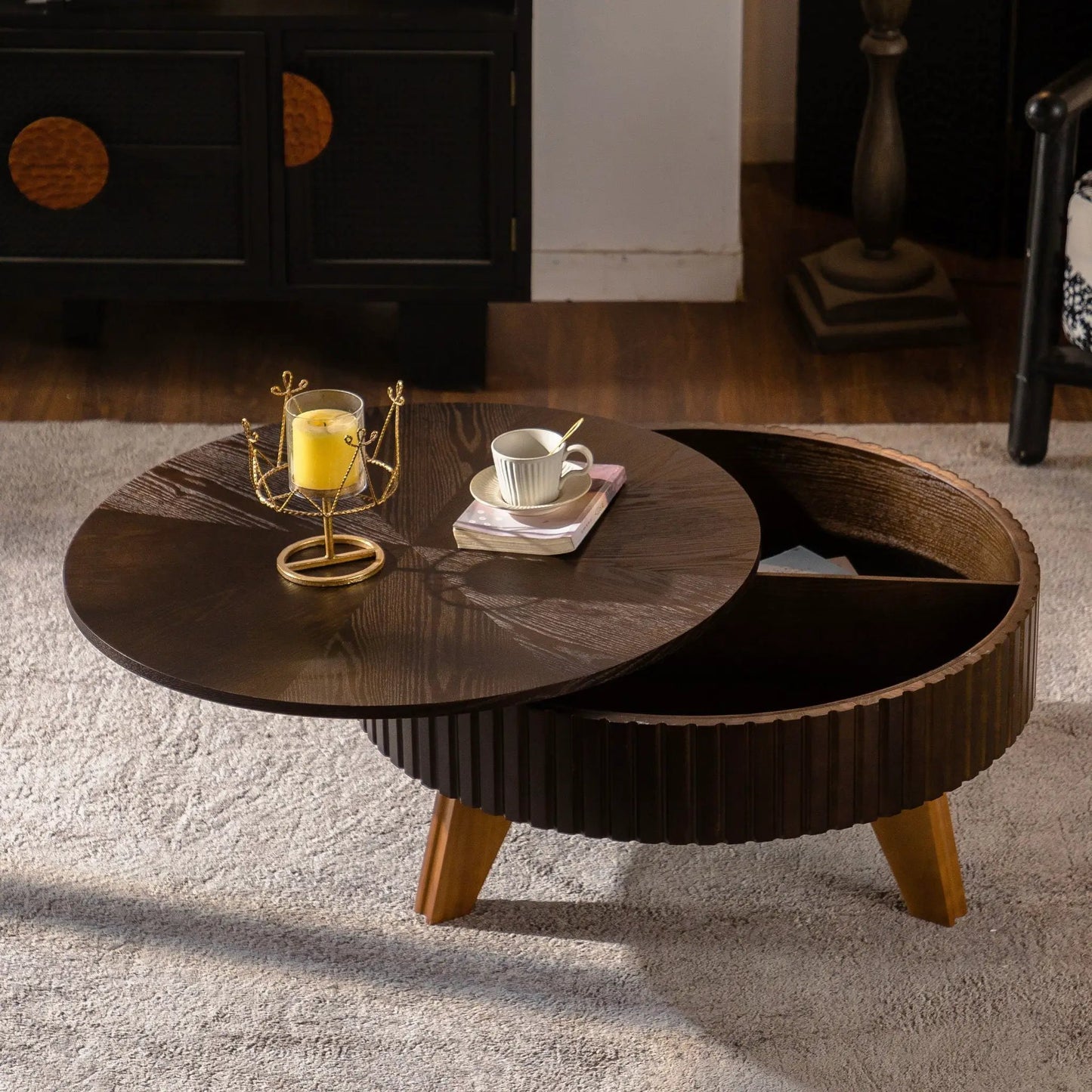 Round Retro Coffee Table with Solid Wood Legs