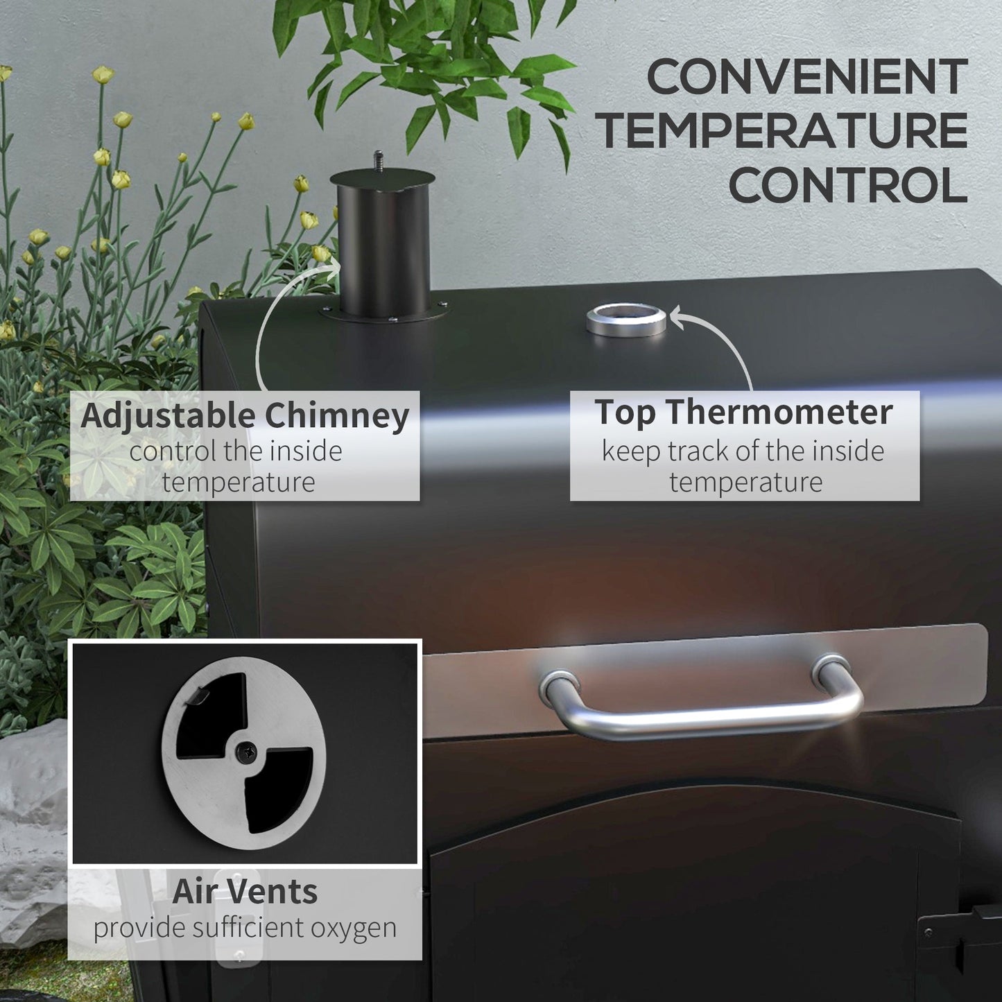 Outsunny charcoal grill with adjustable chimney height and top thermometer, black steel exterior on Tampa Home & Garden Store