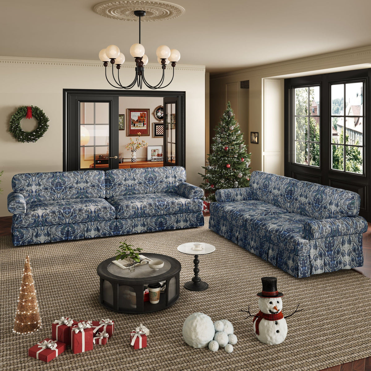 Comfortable Cloud Sofa with Rolled Arms and Skirt in blue patterned fabric sectional on Tampa Home & Garden Store