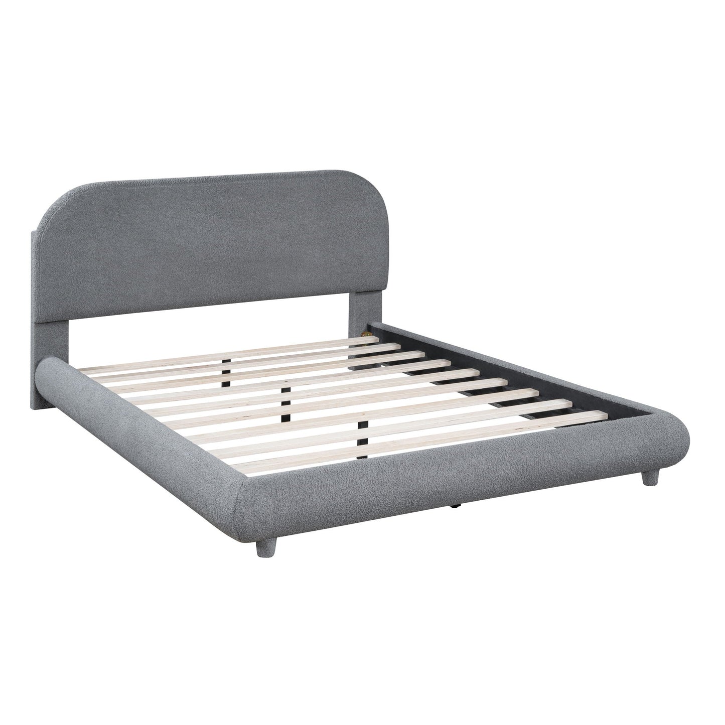 Upholstered platform bed with gray curved headboard and thick solid frame, slatted base on Tampa Home & Garden Store
