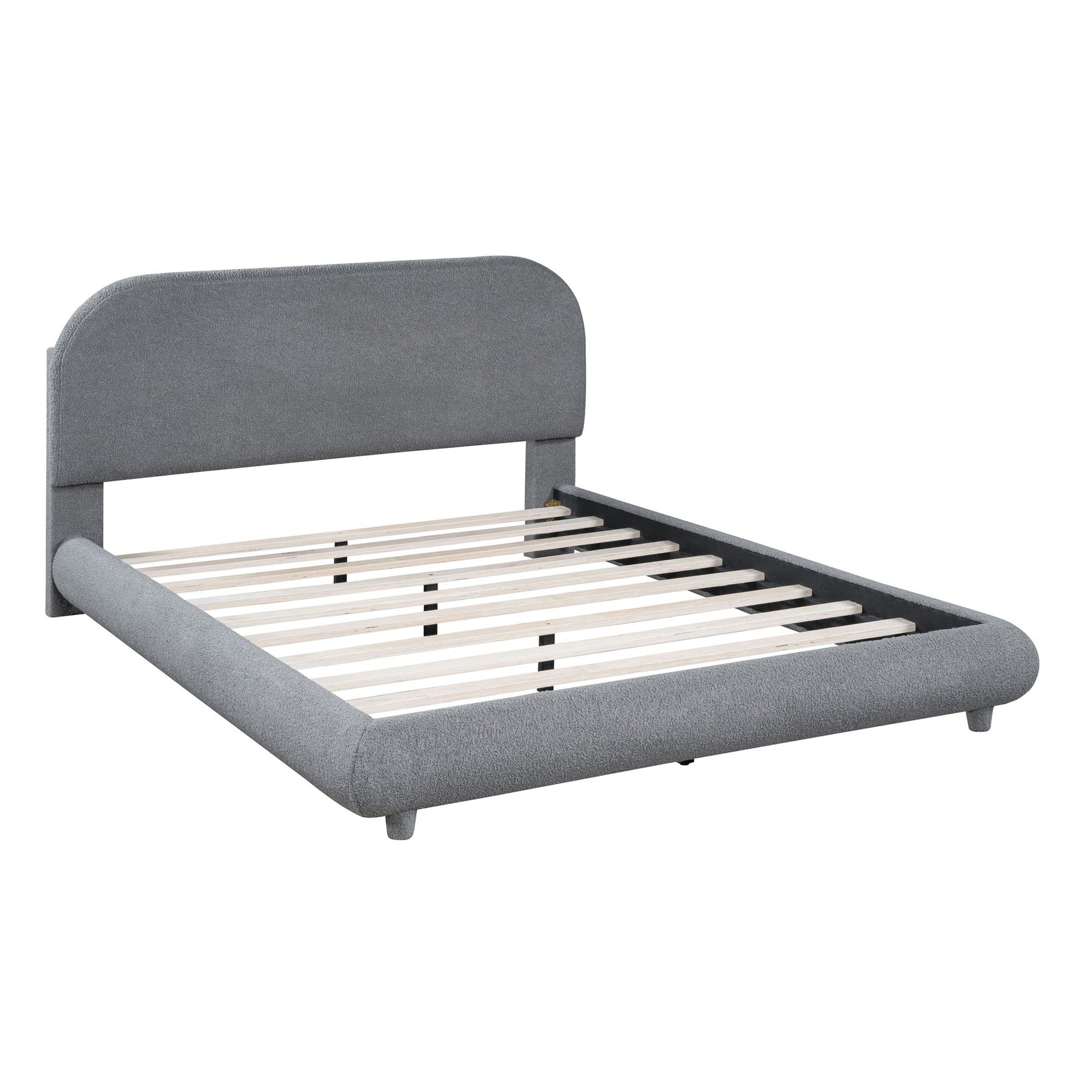 Upholstered platform bed with gray curved headboard and thick solid frame, slatted base on Tampa Home & Garden Store