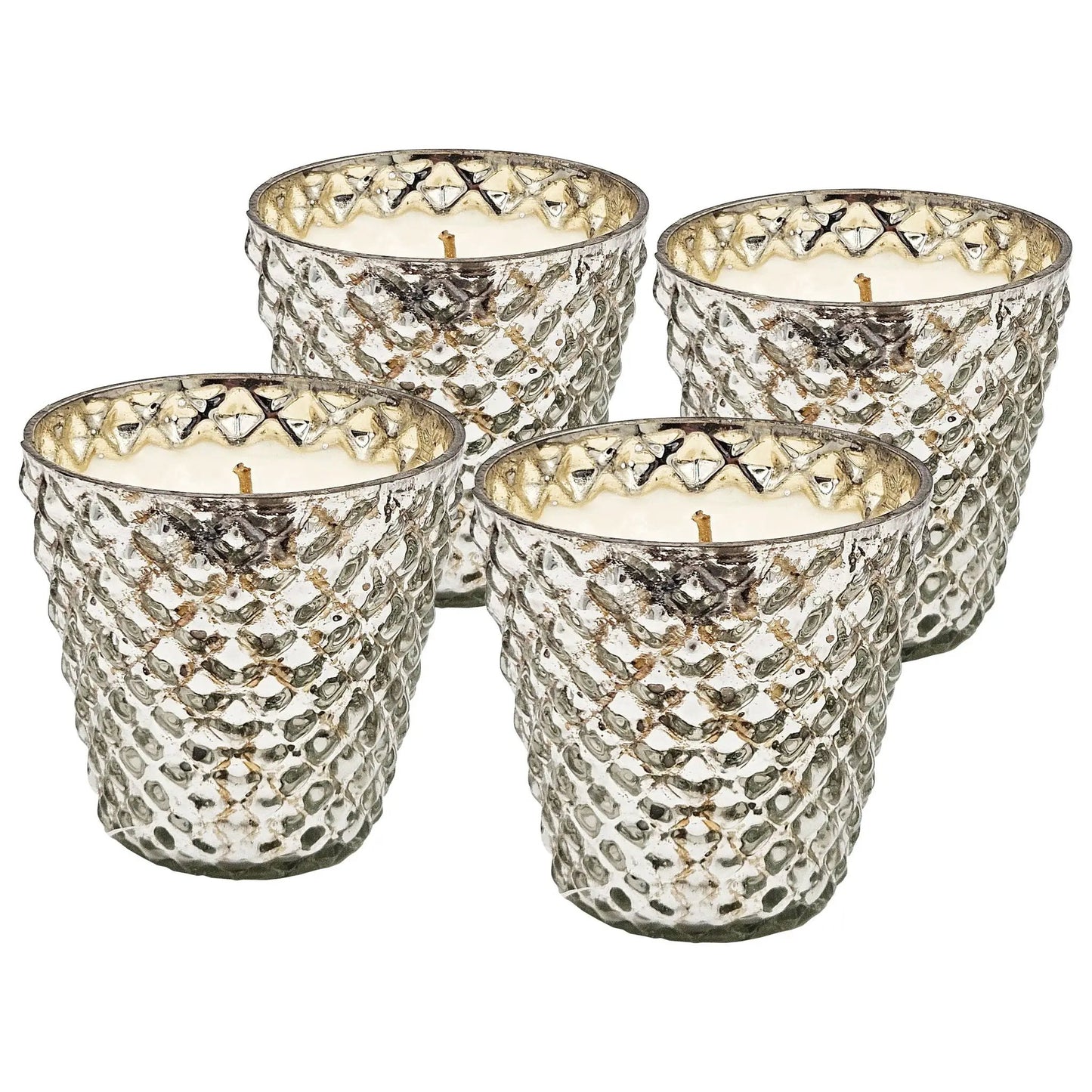 Scented soy wax candle glass set of 4 silver textured holders on Tampa Home & Garden Store