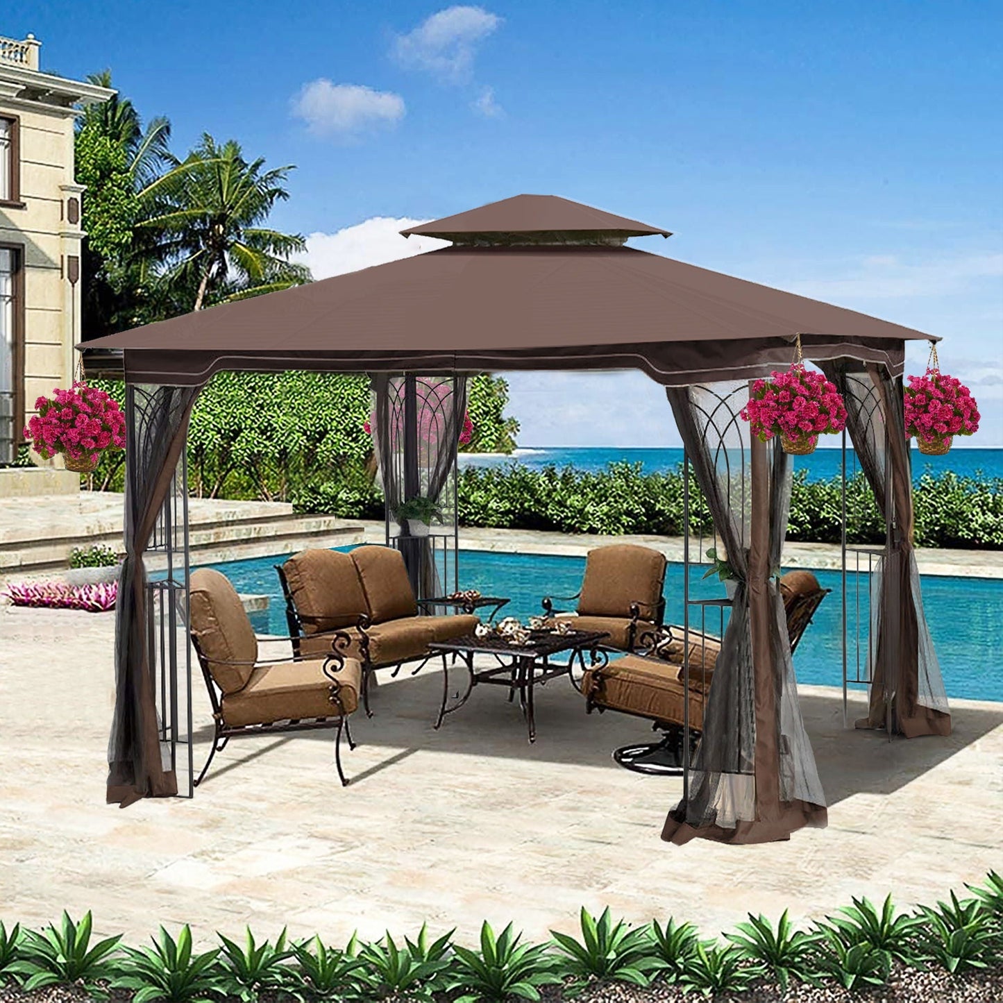 Patio gazebo tent by HouseOfZazla with ventilated double roof and mosquito net, brown on Tampa Home & Garden Store