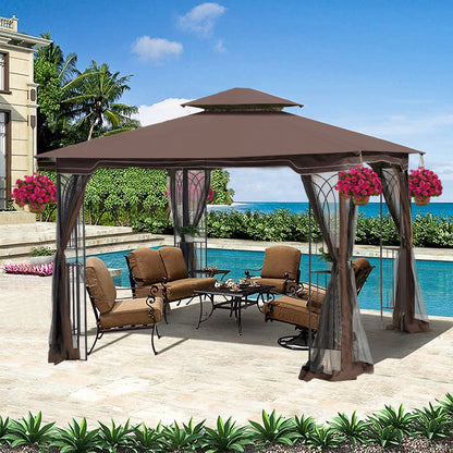 Patio gazebo tent by HouseOfZazla with ventilated double roof and mosquito net, brown on Tampa Home & Garden Store