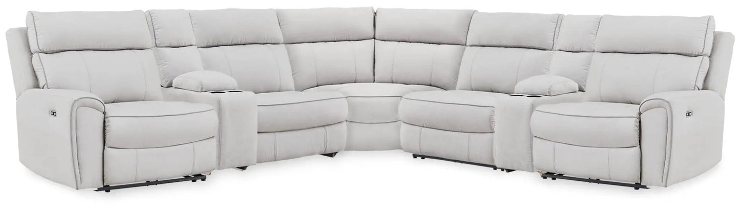 Social Pointe reclining sectional Unique Piece Furniture in gray fabric with plush cushions on Tampa Home & Garden Store