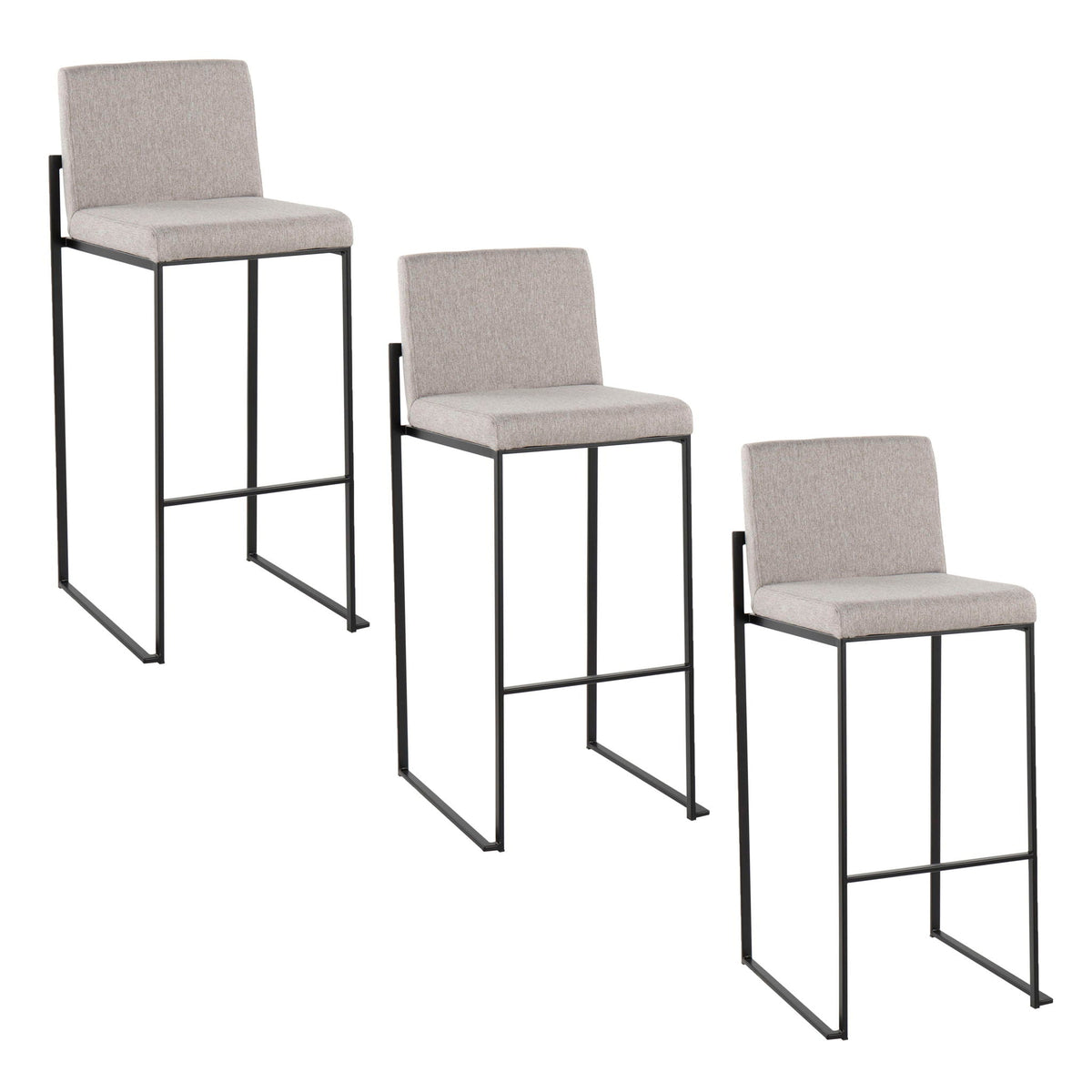 High-back contemporary barstool set in beige upholstery with black metal frames, 3 stools on Tampa Home & Garden Store