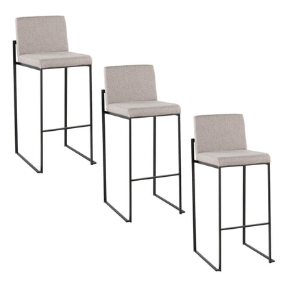 High-back contemporary barstool set in beige upholstery with black metal frames, 3 stools on Tampa Home & Garden Store