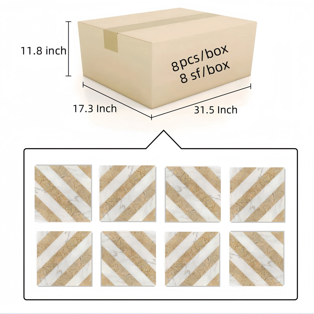 Marble tile set for floor and wall, polished finish, gold and white diagonals, 8 pcs/box HouseOfZazla on Tampa Home & Garden Store