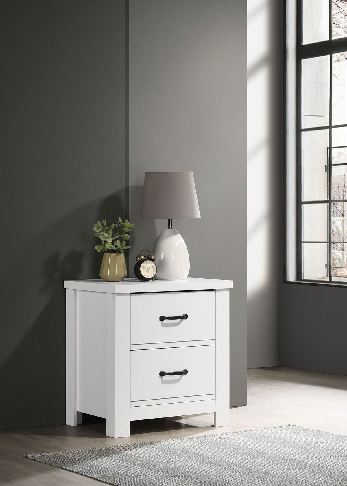 2-drawer accent nightstand HouseOfZazla in white with sleek black handles, lamp and clock atop on Tampa Home & Garden Store