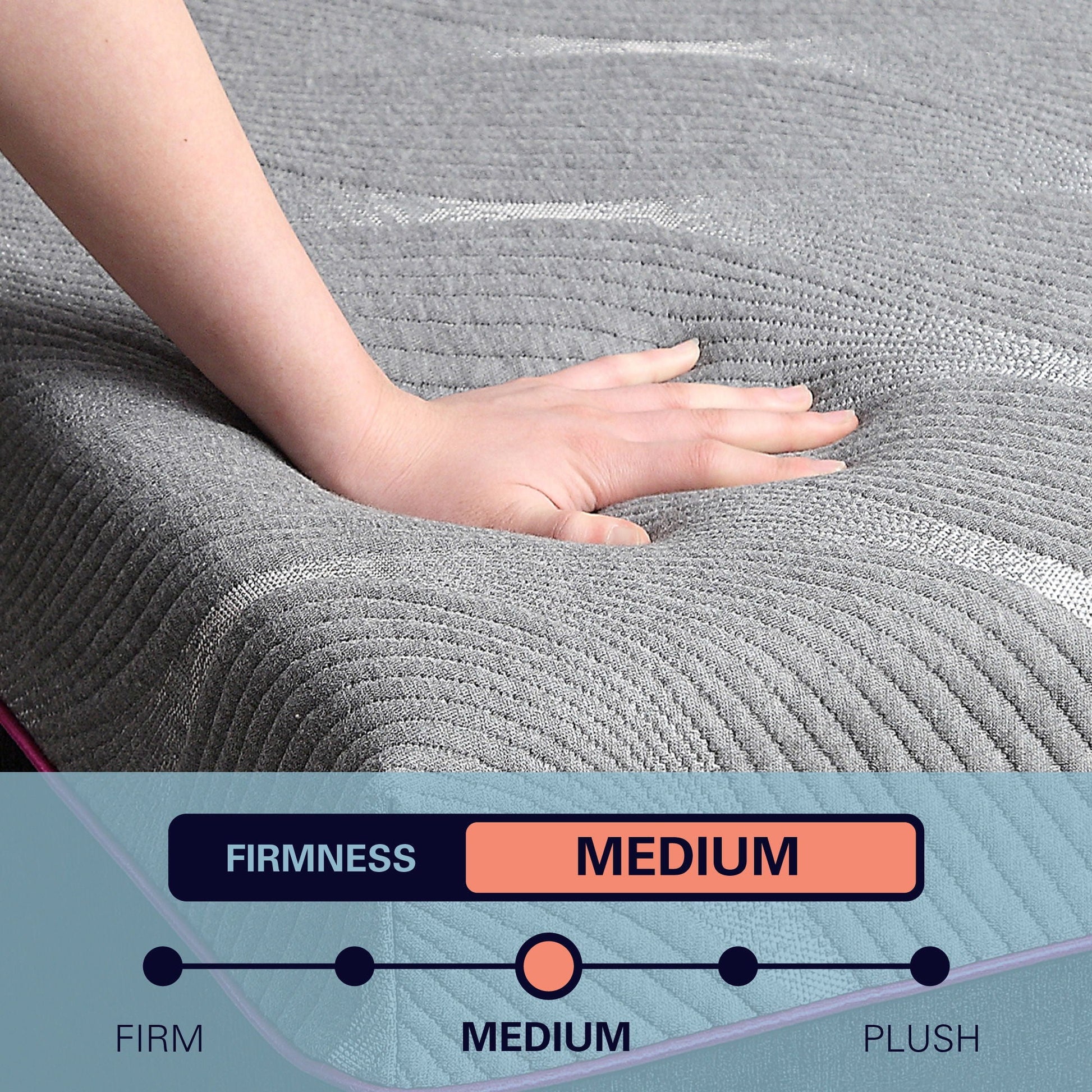 Latex mattress surface in gray fabric with a hand pressing it; 12-inch Refresh Flex Head Hybrid on Tampa Home & Garden Store