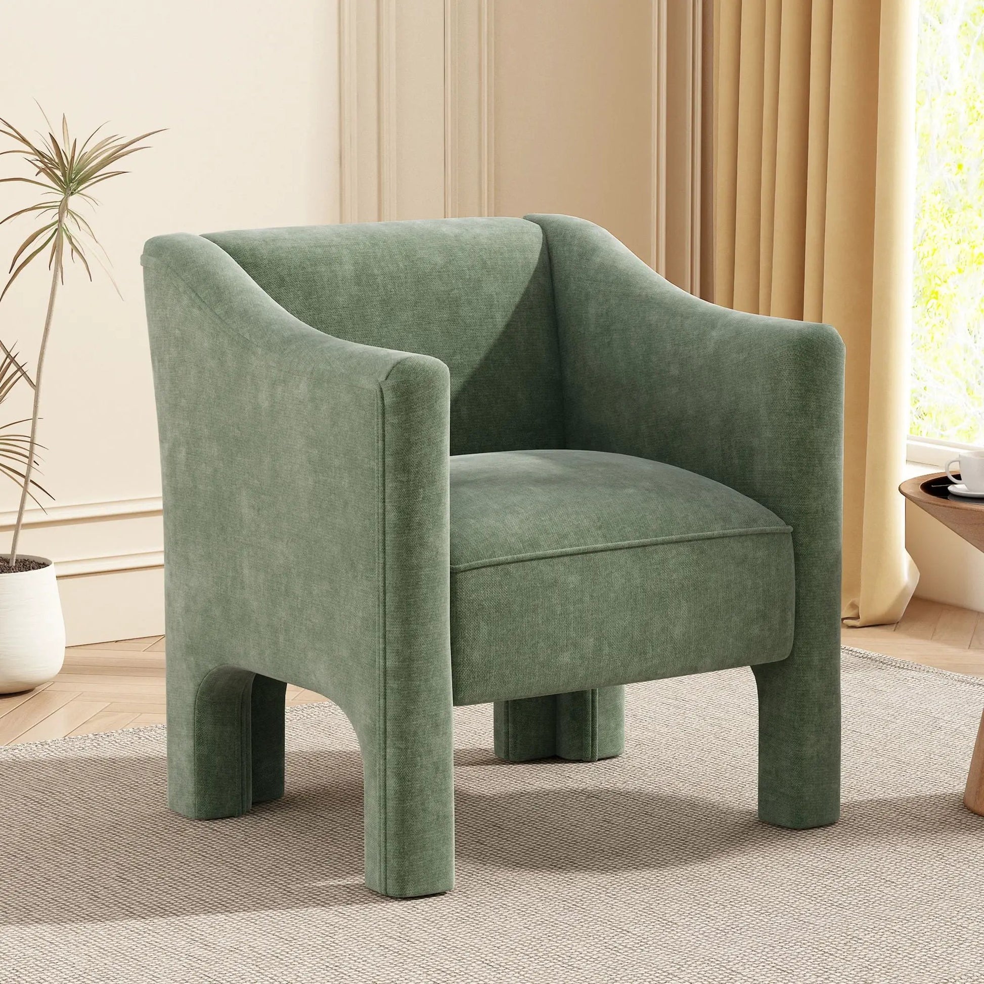 Barrel Accent Chair With Enclosed Arms in sage green velvet upholstery on Tampa Home & Garden Store