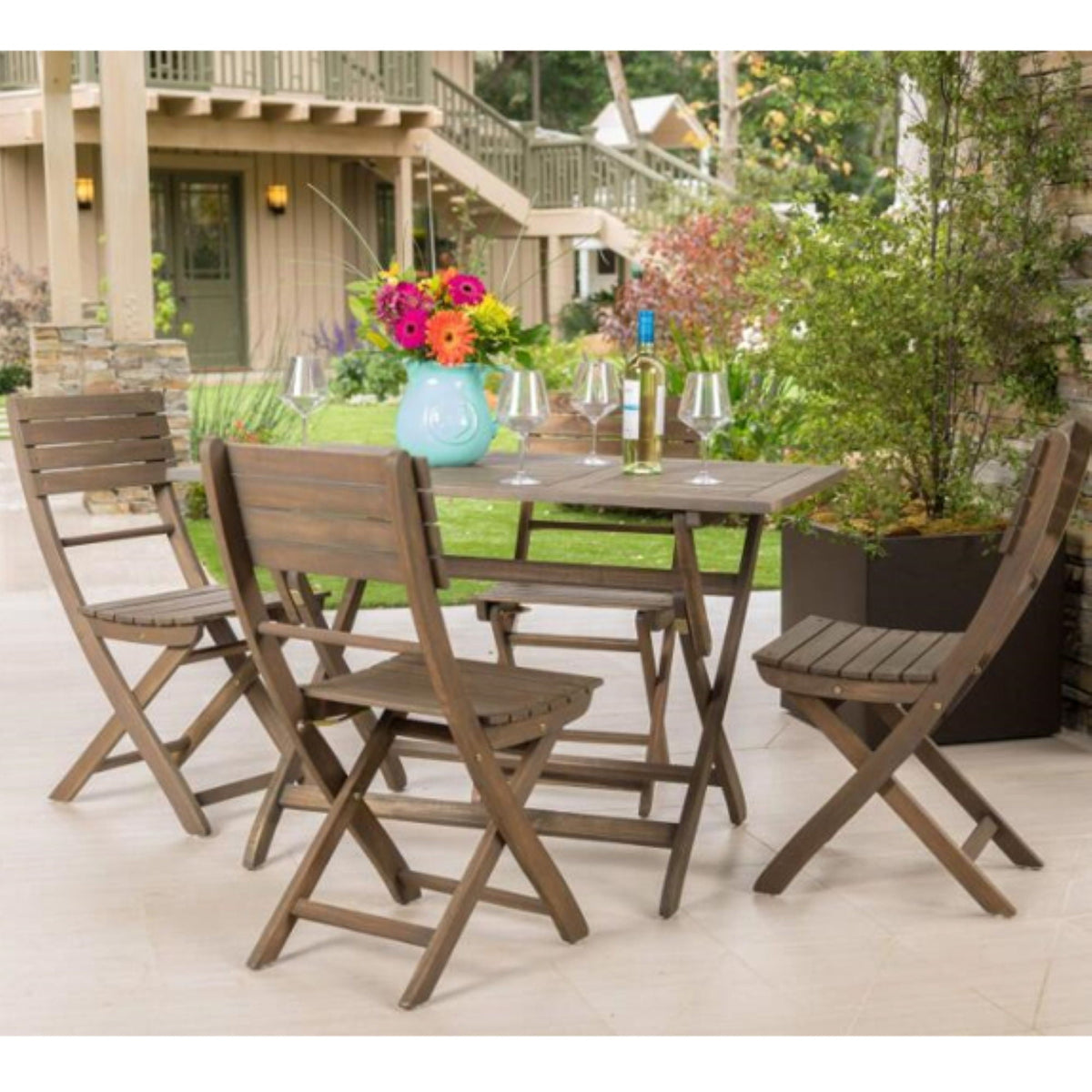 Positano 5-piece foldable outdoor dining set by HouseOfZazla in dark brown wood on Tampa Home & Garden Store