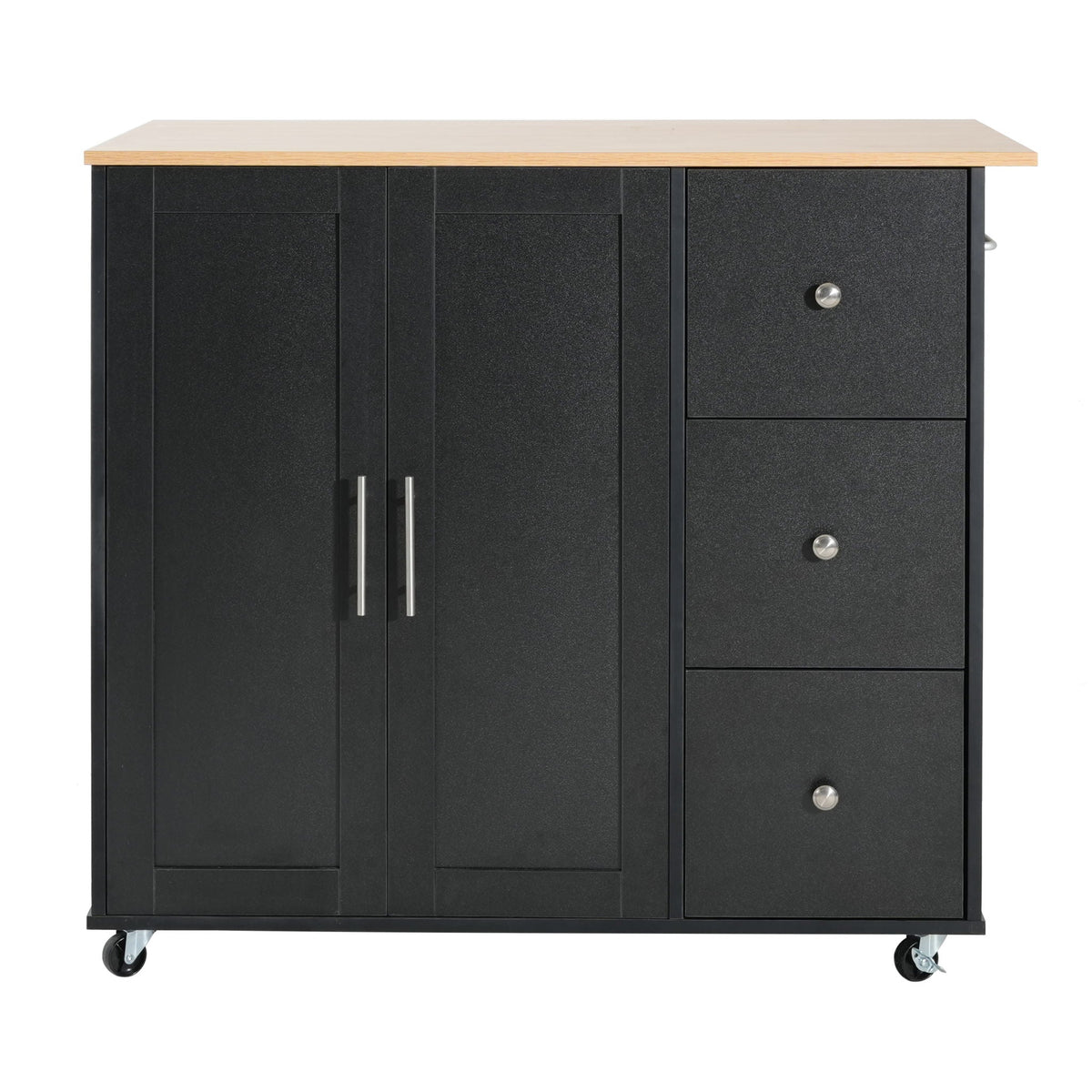 Mobile Kitchen Cart with Storage, 2 doors & 3 drawers, black with natural wood top on Tampa Home & Garden Store
