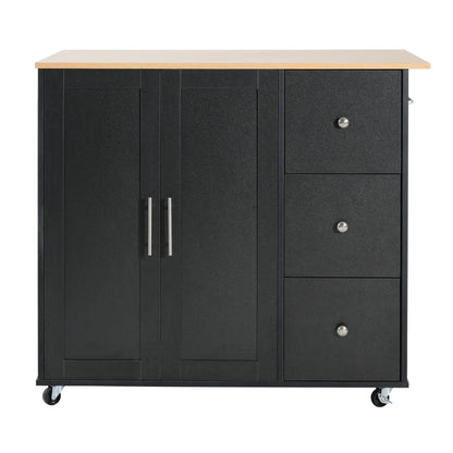 Mobile Kitchen Cart with Storage, 2 doors & 3 drawers, black with natural wood top on Tampa Home & Garden Store