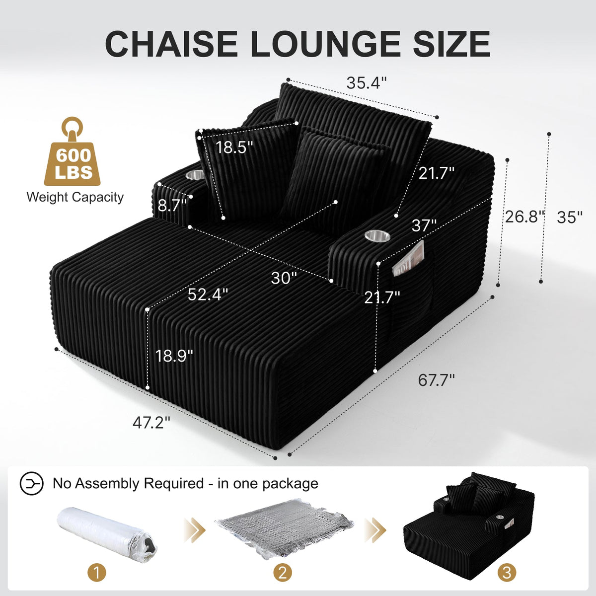 Oversized black corduroy chaise lounge bed with ribbed upholstery and cup holder on Tampa Home & Garden Store