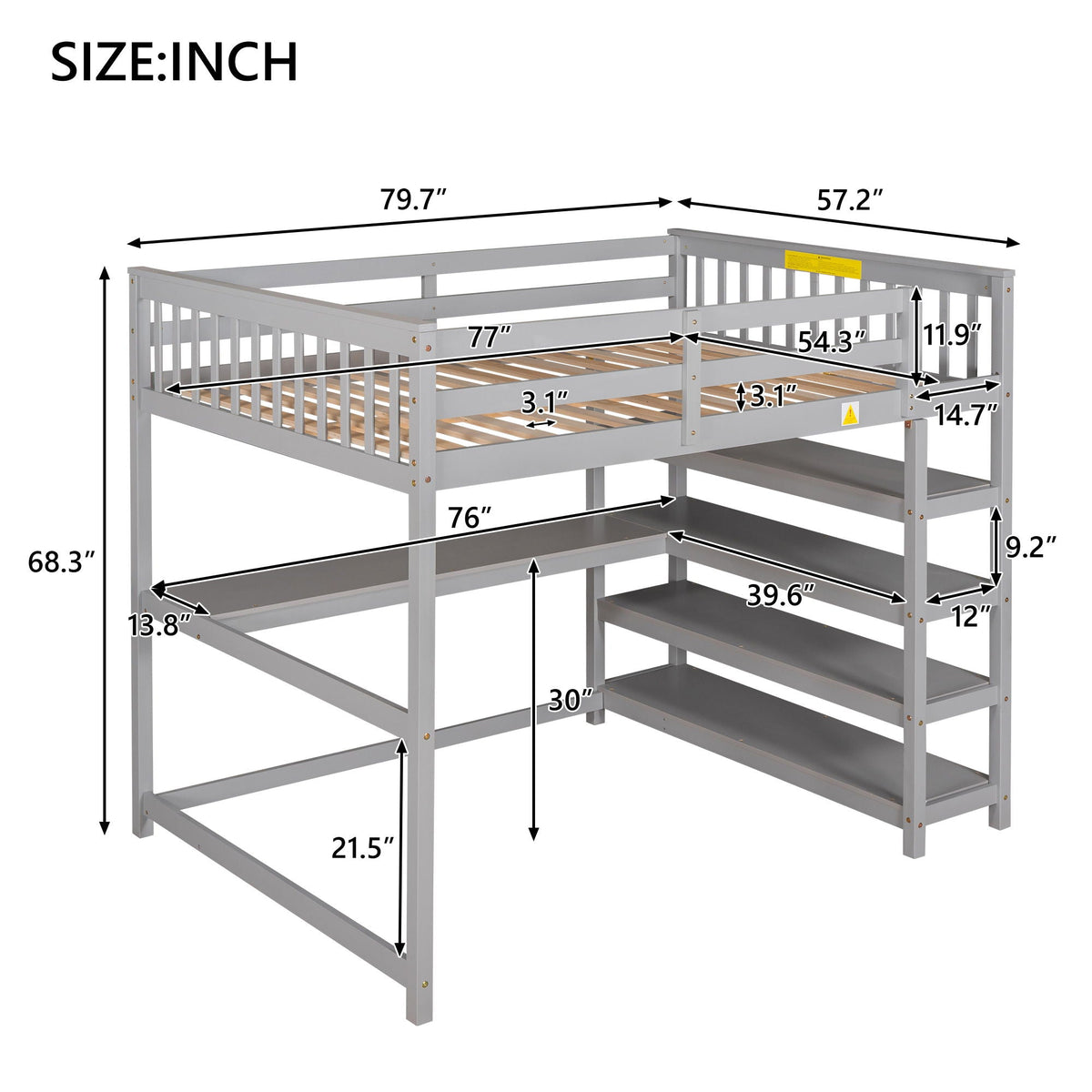Loft bed with storage shelves and under-bed desk, gray metal frame on Tampa Home & Garden Store