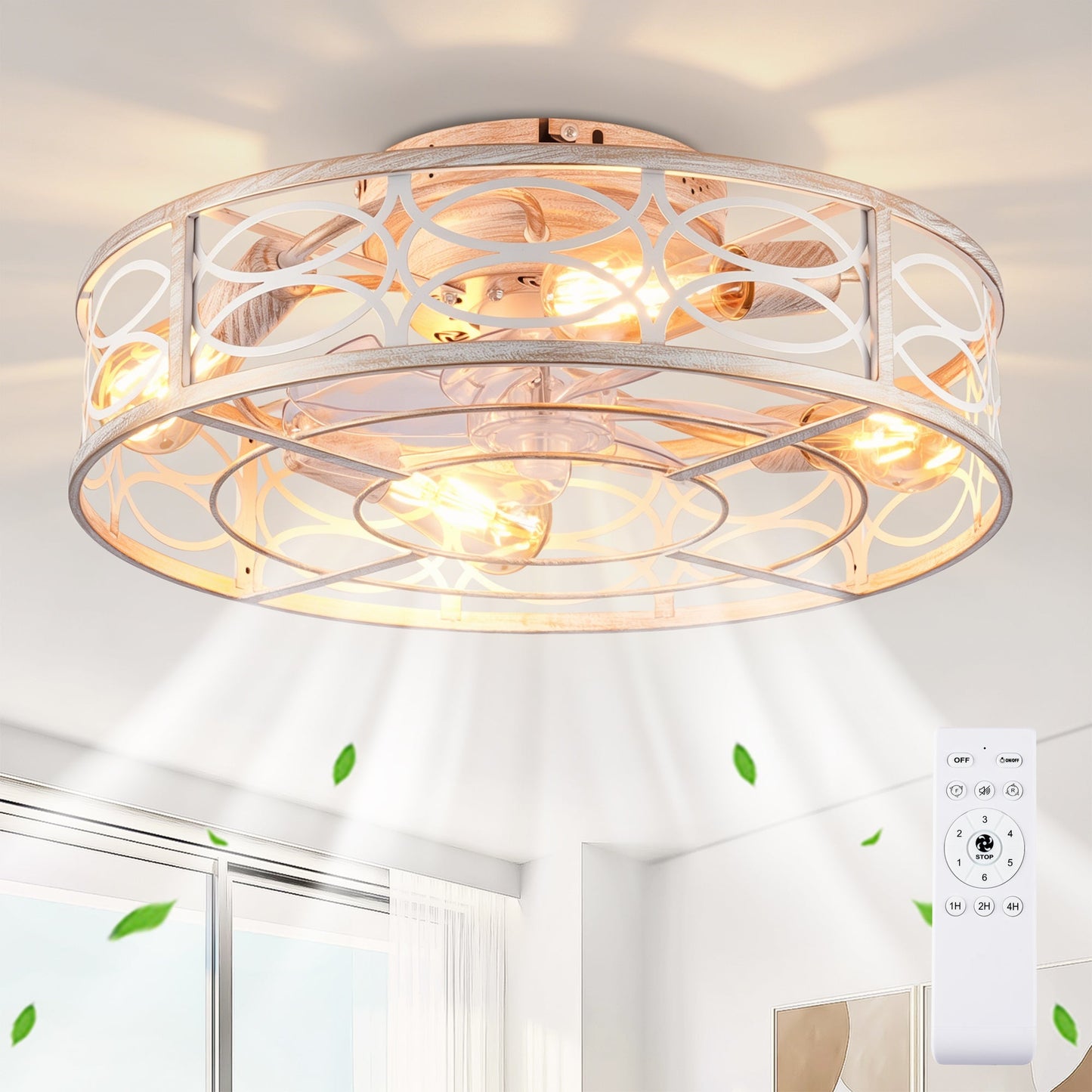 HouseOfZazla 20 in caged ceiling fan with lights, wood-tone blades inside metal lattice on Tampa Home & Garden Store