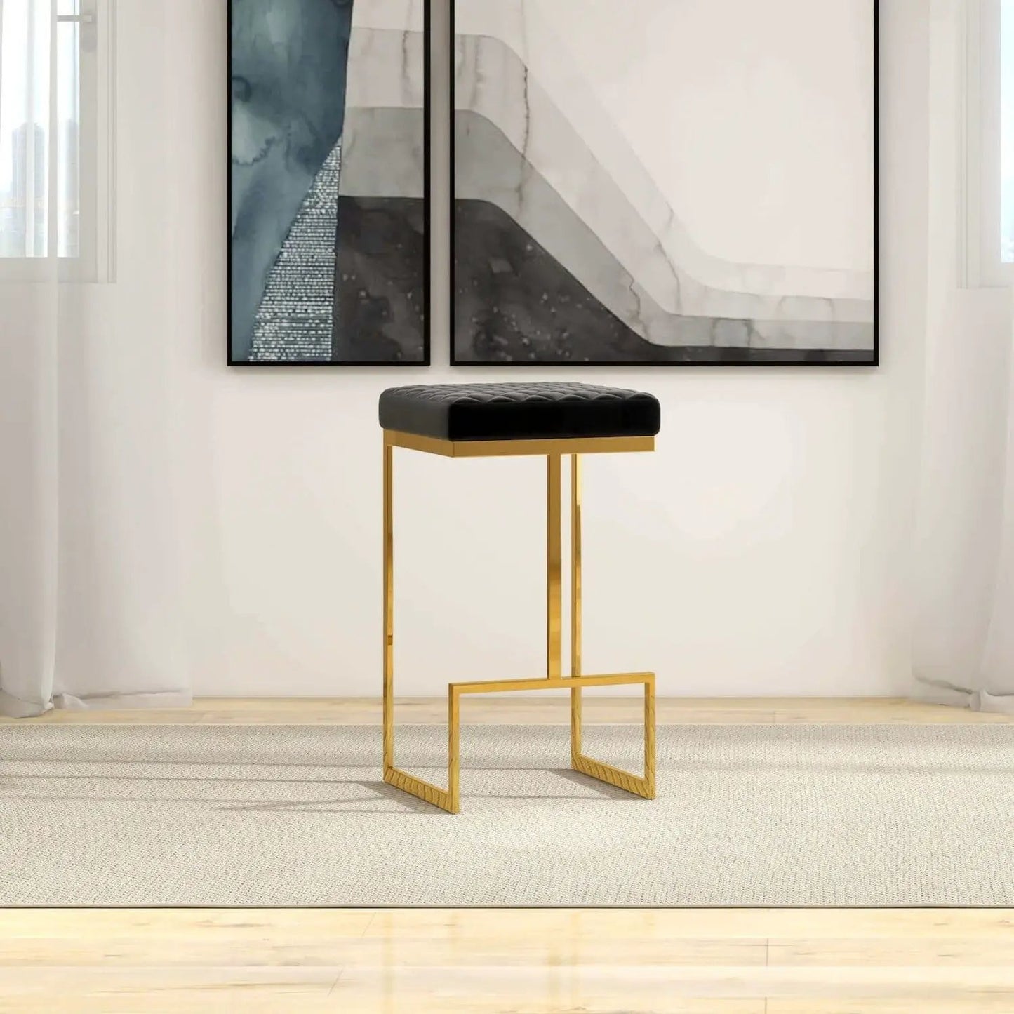 Joel mid-century modern luxury upholstered stool, counter height, black tufted seat, gold frame on Tampa Home & Garden Store