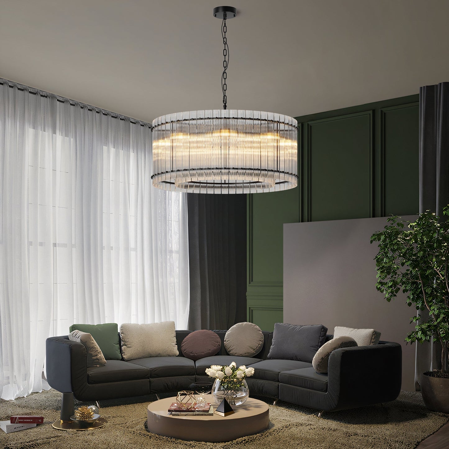 Chandelier 37-Inch Modern Black Round 8-Light Crystal with glass prisms on a chain on Tampa Home & Garden Store