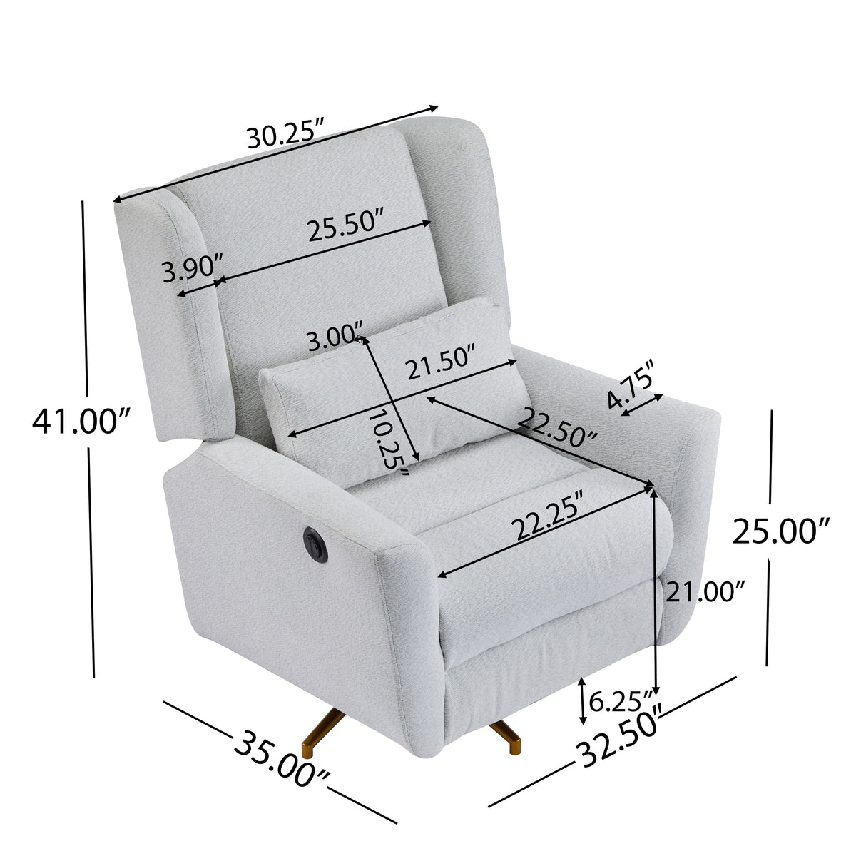Power recliner chair upholstered in light gray fabric with 360° swivel, HouseOfZazla on Tampa Home & Garden Store
