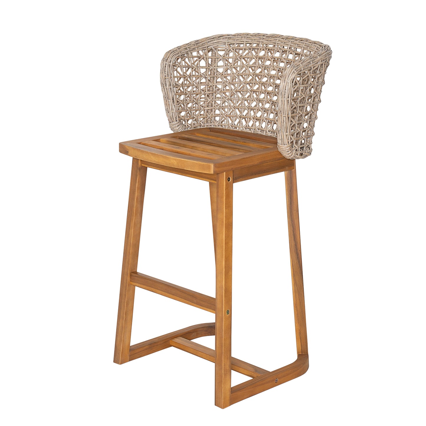 Outdoor Acacia Wood Bar Stools (Set of 2) with woven wicker back and slatted wooden seat on Tampa Home & Garden Store