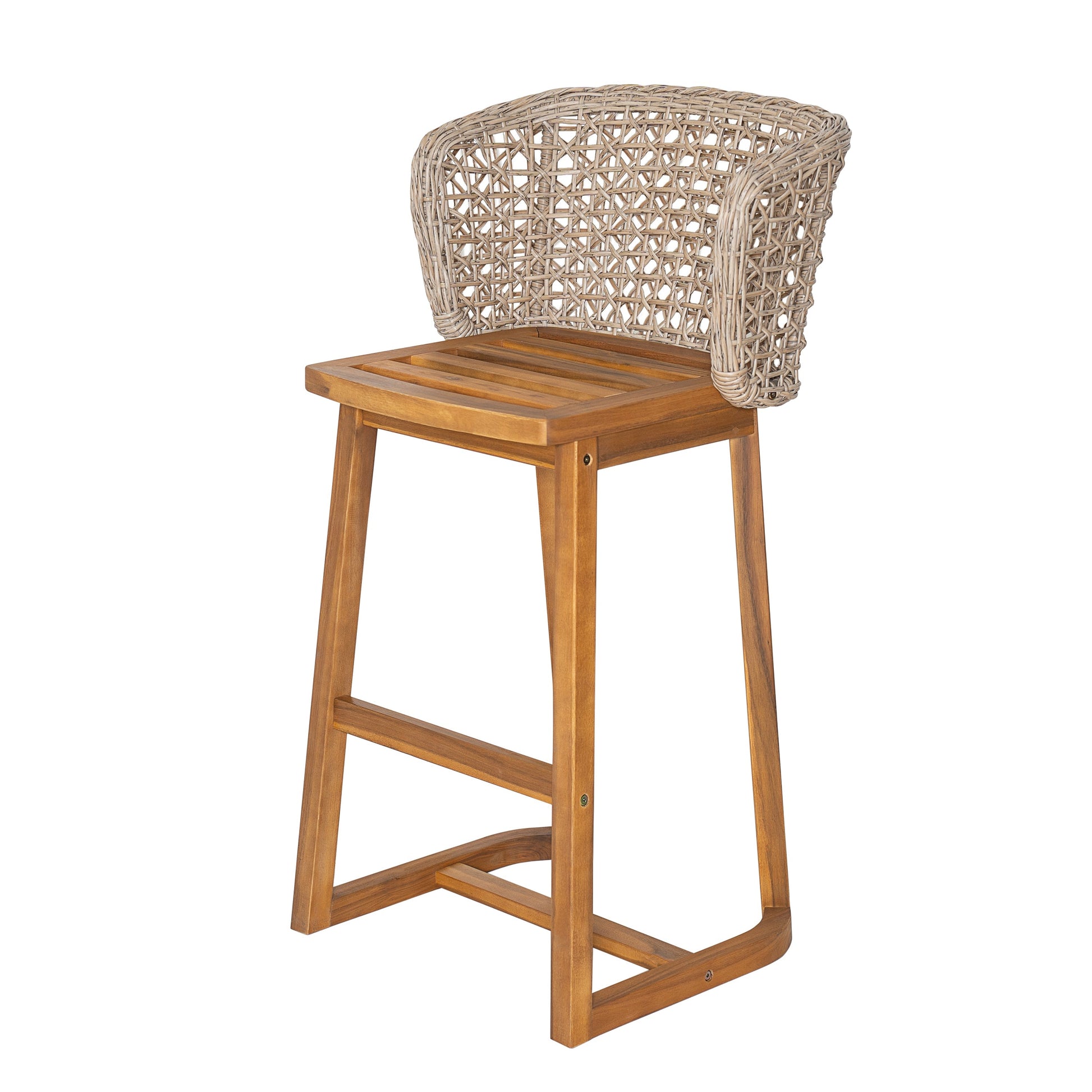 Outdoor Acacia Wood Bar Stools (Set of 2) with woven wicker back and slatted wooden seat on Tampa Home & Garden Store