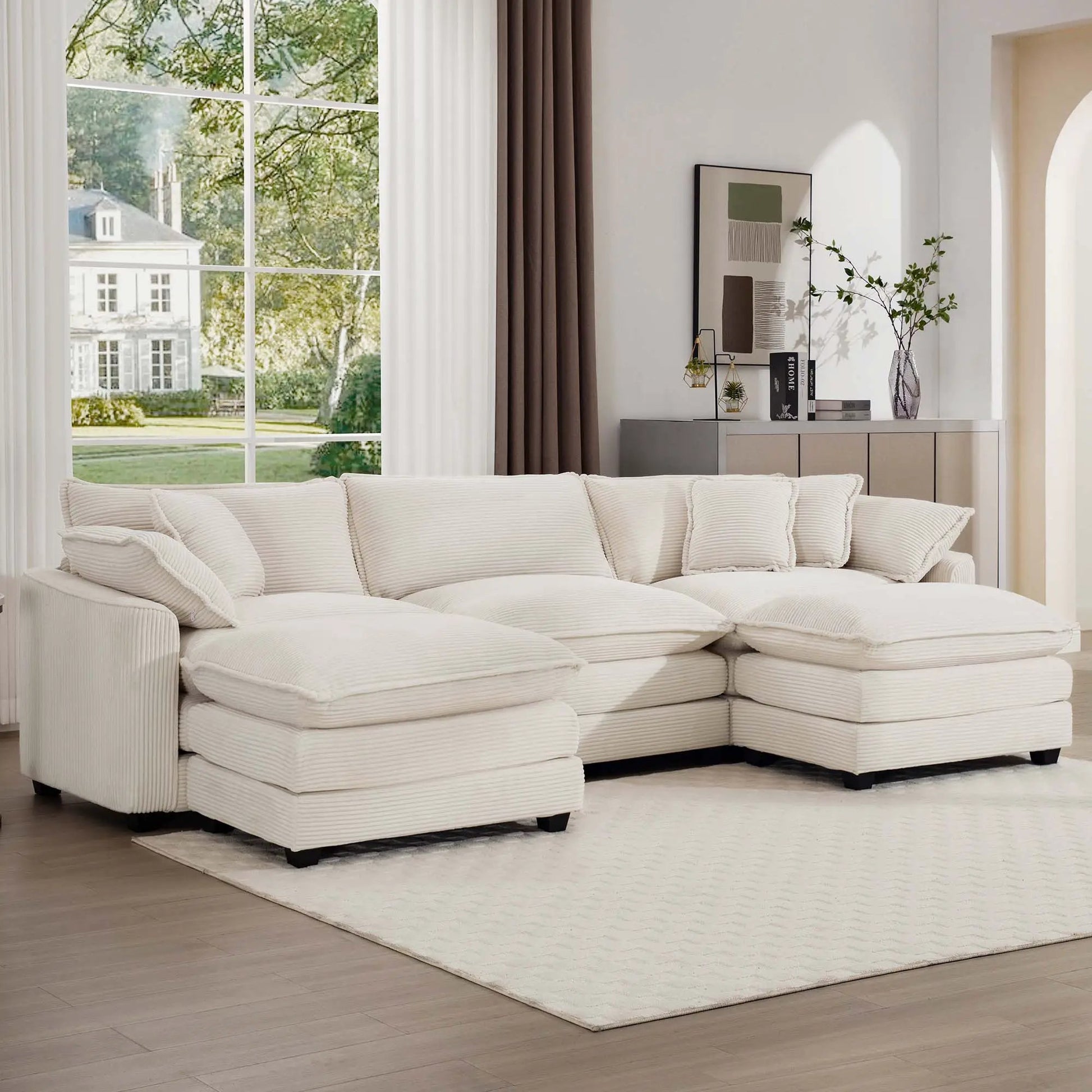 Modern oversized modular sofa with ottoman, white fabric upholstery, deep seating on Tampa Home & Garden Store