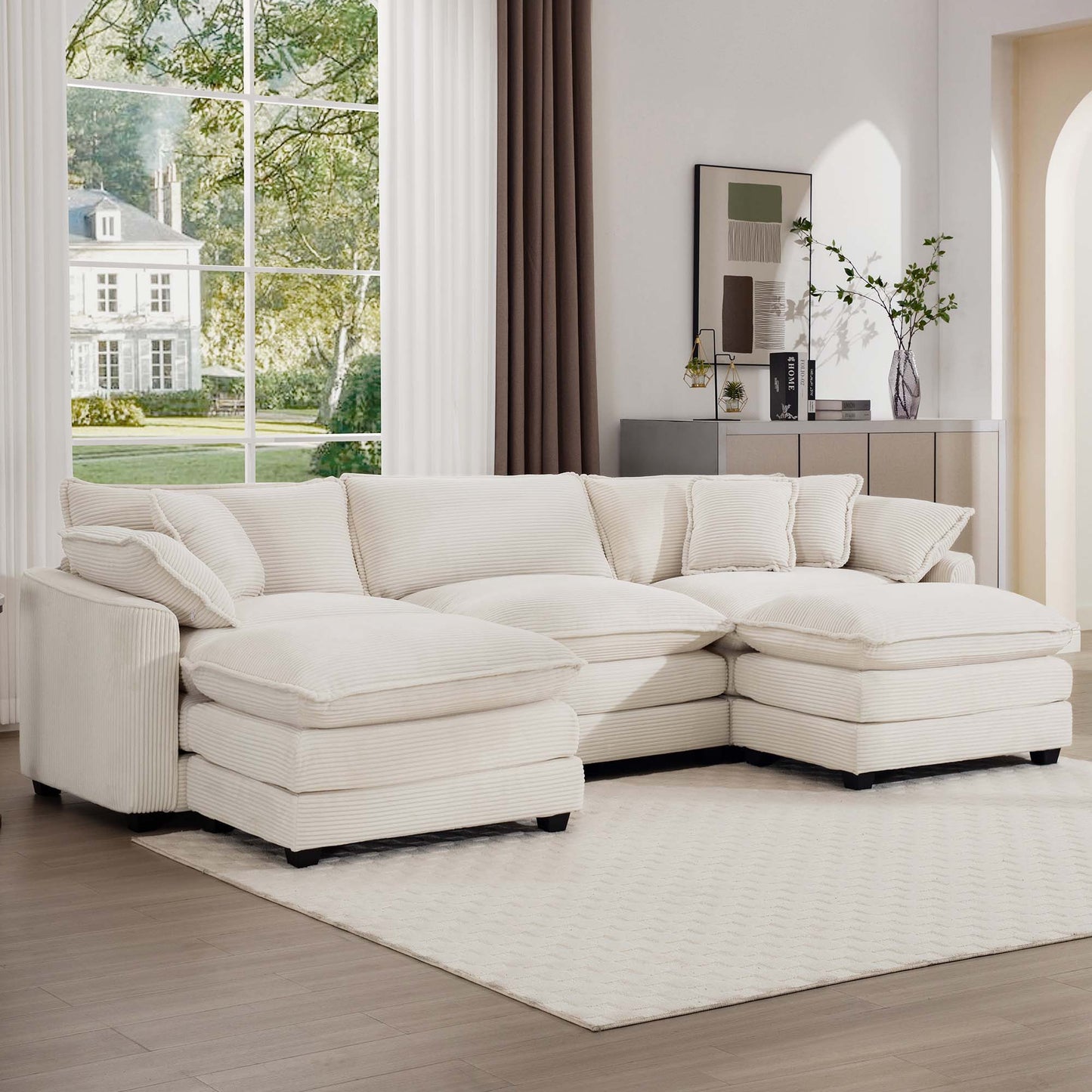 Modern oversized modular cushion sofa with ottoman in cream, low back, deep seating on Tampa Home & Garden Store