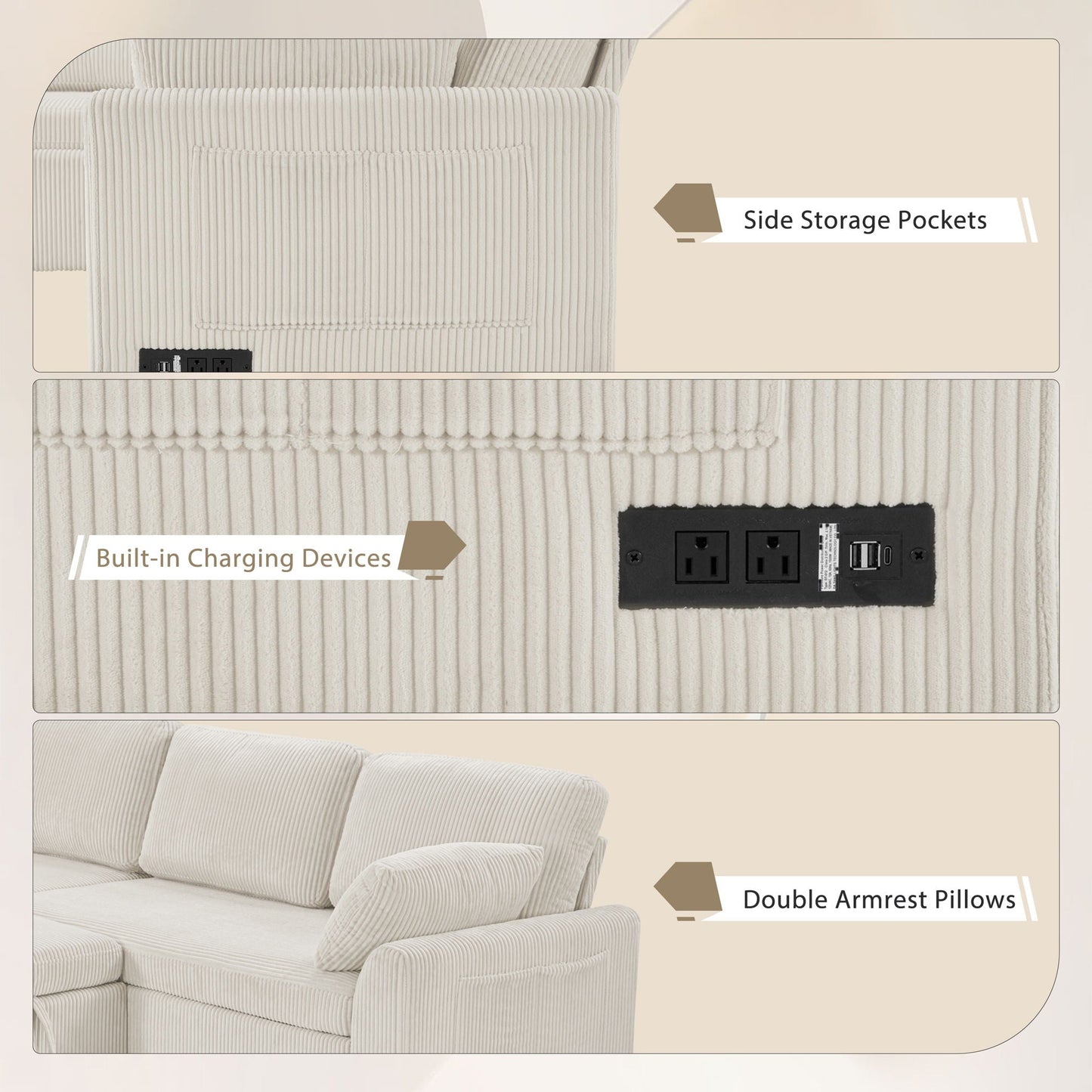 Beige HouseOfZazla U-shaped sectional sofa bed with reversible chaise and charging ports on Tampa Home & Garden Store