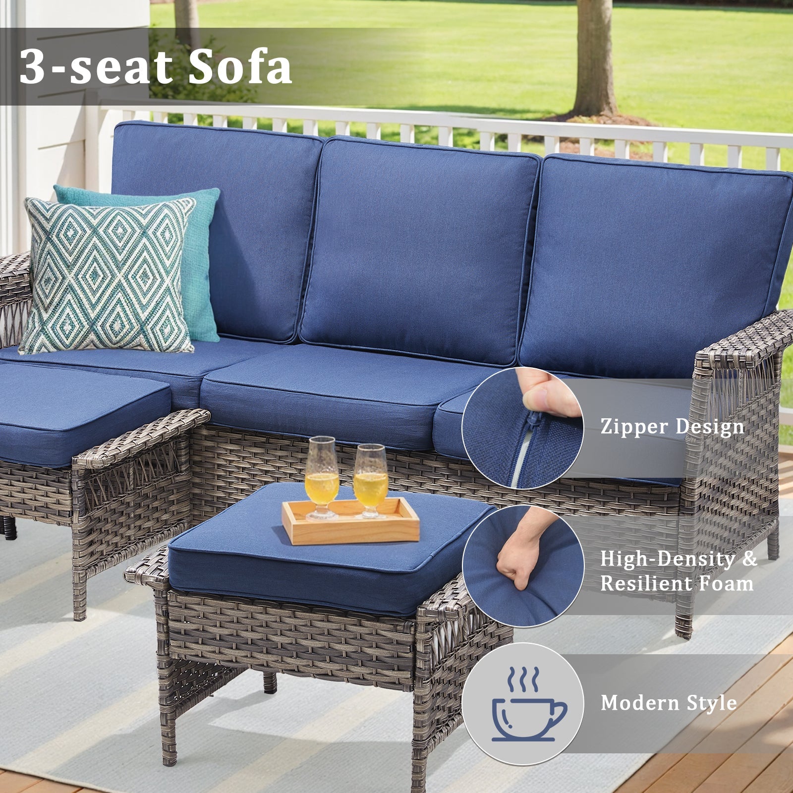 76.7in wide outdoor wicker patio sofa with armrests in blue cushions by HouseOfZazla on Tampa Home & Garden Store