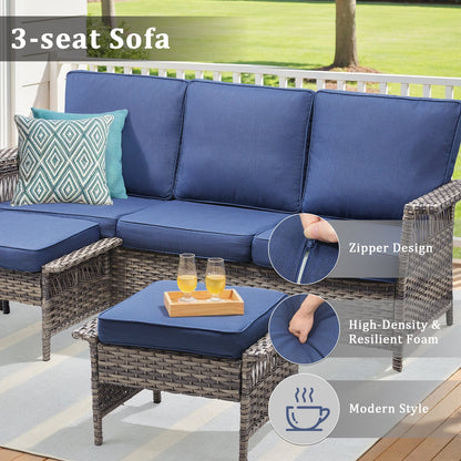 76.7in wide outdoor wicker patio sofa with armrests in blue cushions by HouseOfZazla on Tampa Home & Garden Store