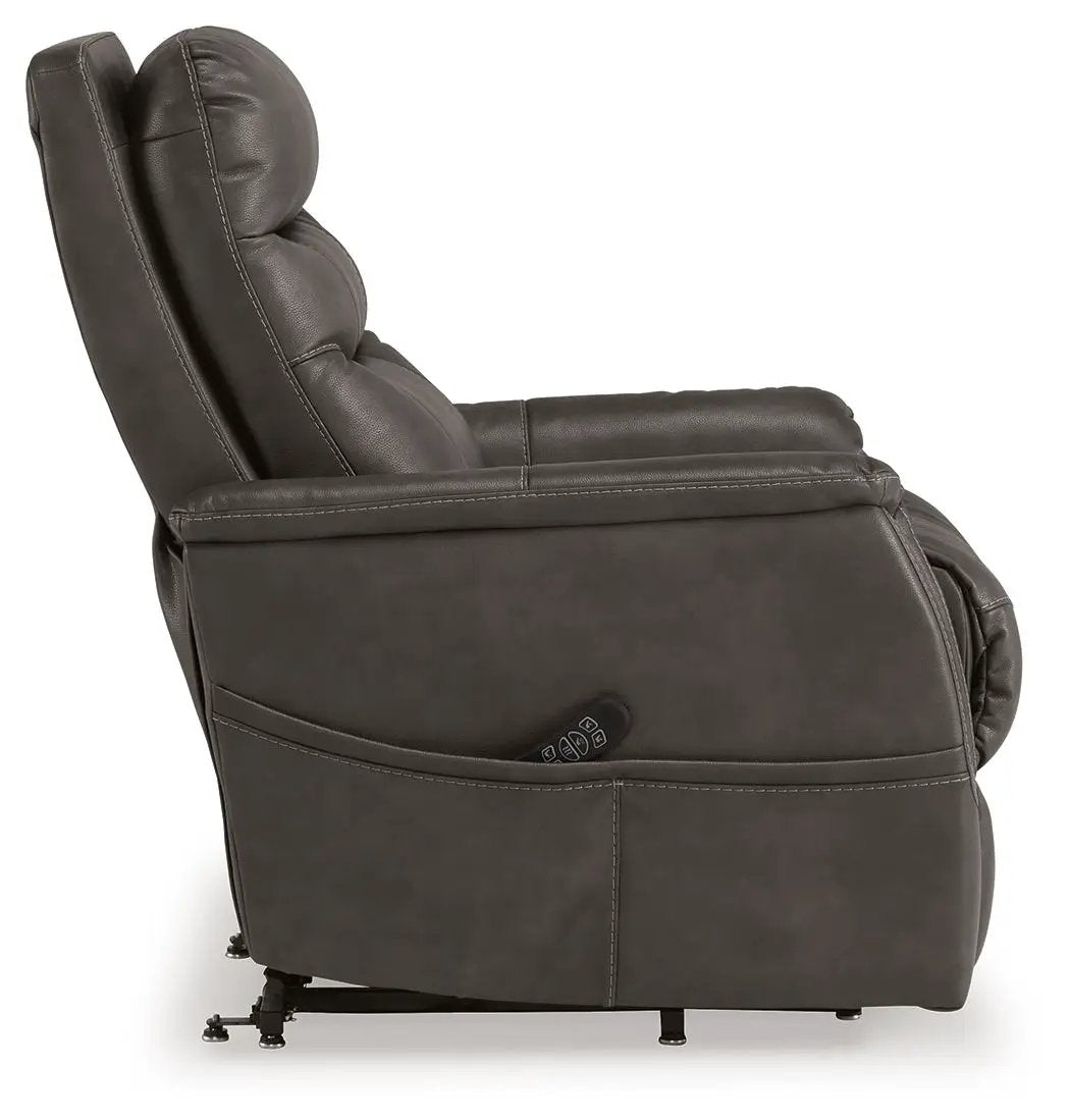 Strawbill power lift recliner by Unique Piece Furniture in dark brown leather on Tampa Home & Garden Store