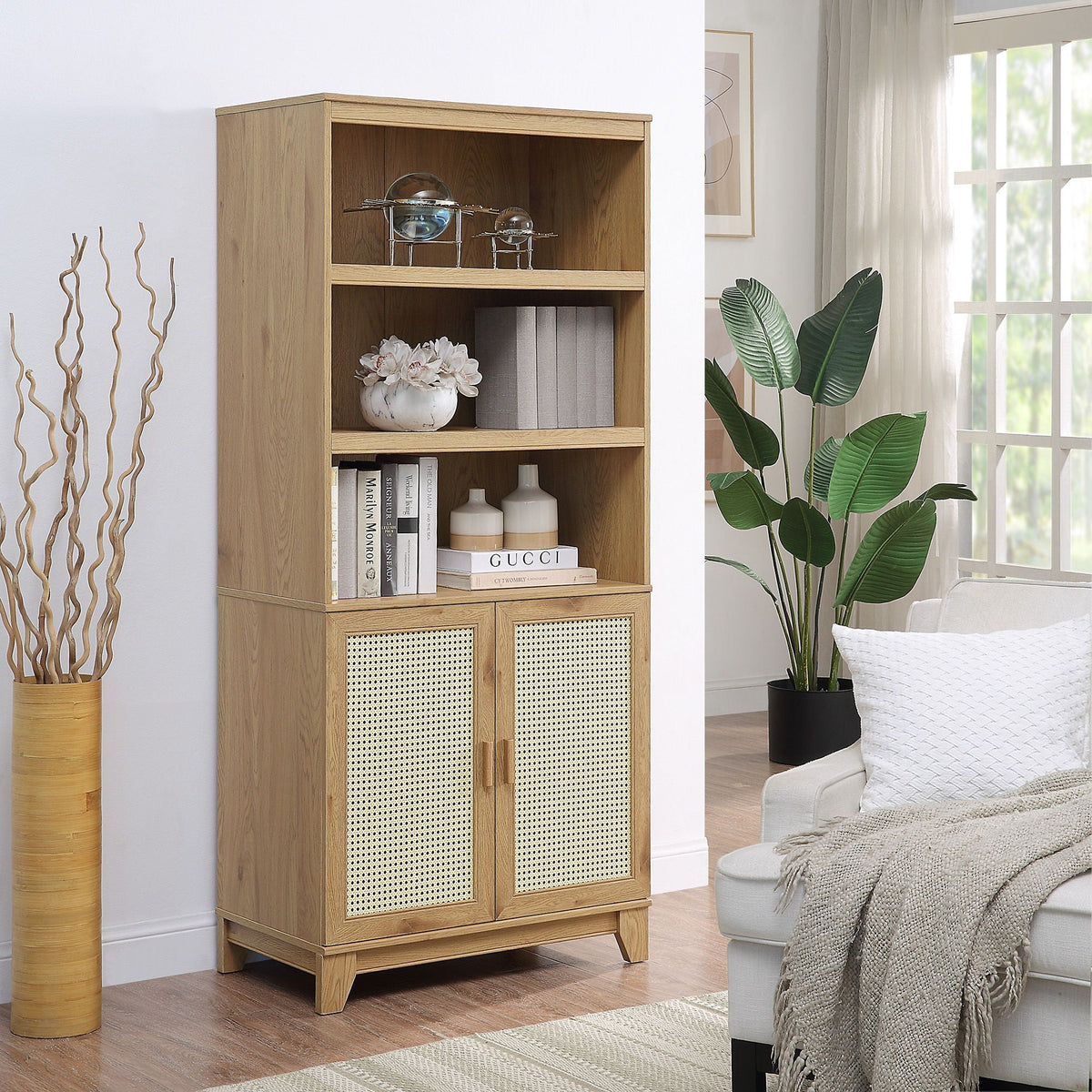 Sheridan Bookcase Cabinet with Modern Cane in light brown oak, 7 shelves and cane-front cabinet doors on Tampa Home & Garden Store