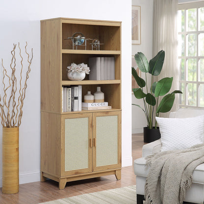 Sheridan Bookcase Cabinet with Modern Cane in light brown oak, 7 shelves and cane-front cabinet doors on Tampa Home & Garden Store