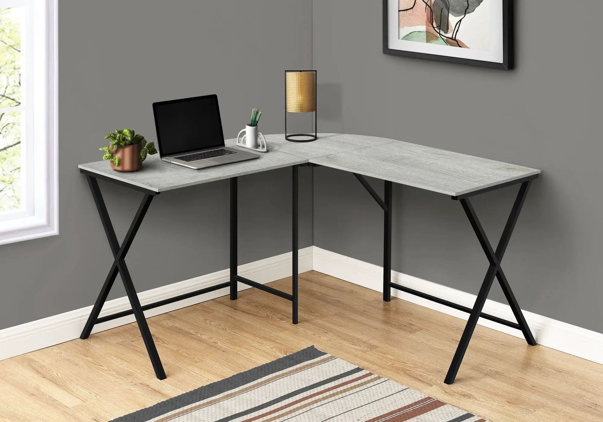 Unique Piece Furniture L-shaped corner computer desk in light gray wood finish with black metal legs on Tampa Home & Garden Store