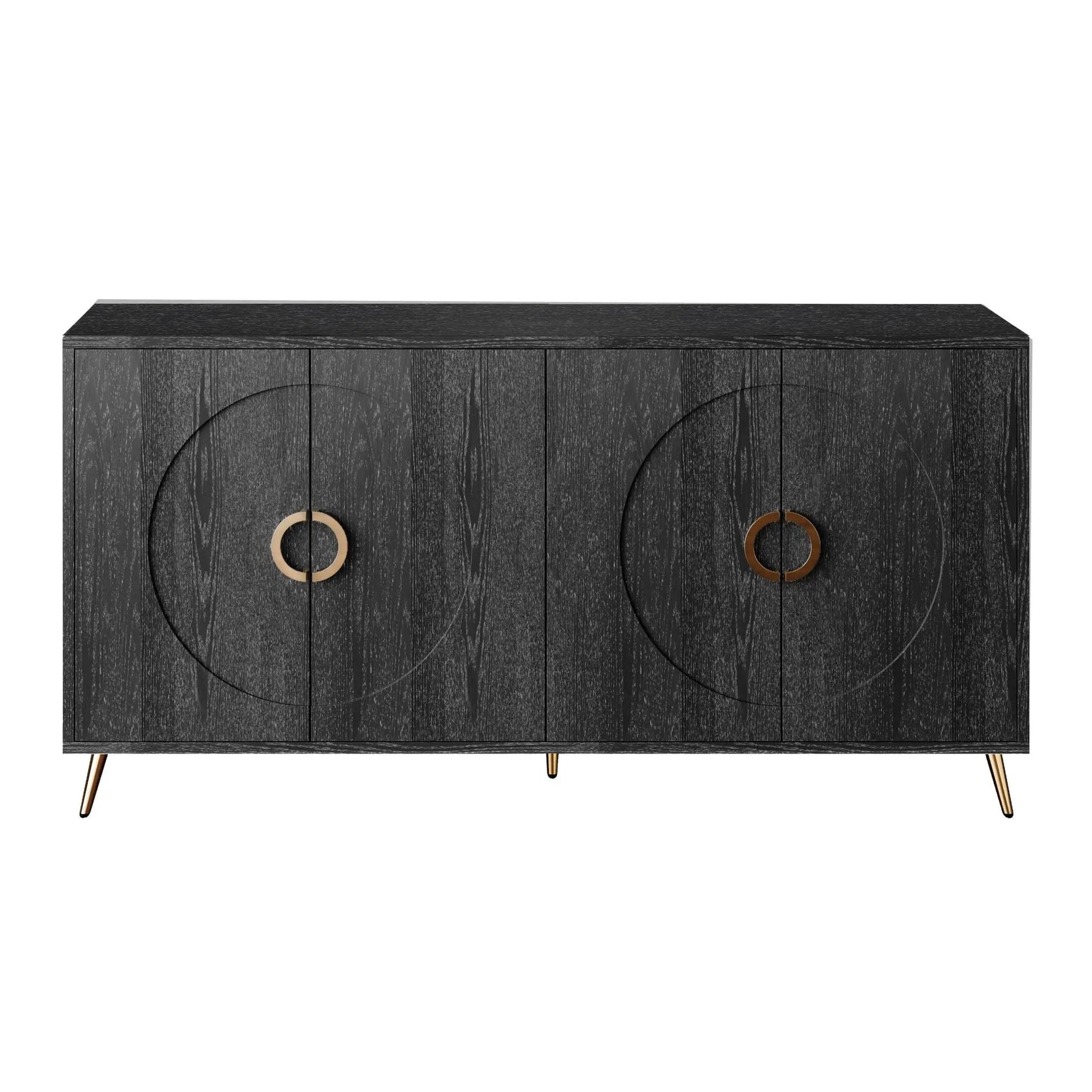 Modern lacquered 4-door wooden sideboard with dark grain and ring pulls, gold legs on Tampa Home & Garden Store