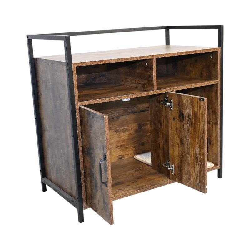 Rustic Cat House by HouseOfZazla with wood cabinet and black metal frame dual doors on Tampa Home & Garden Store