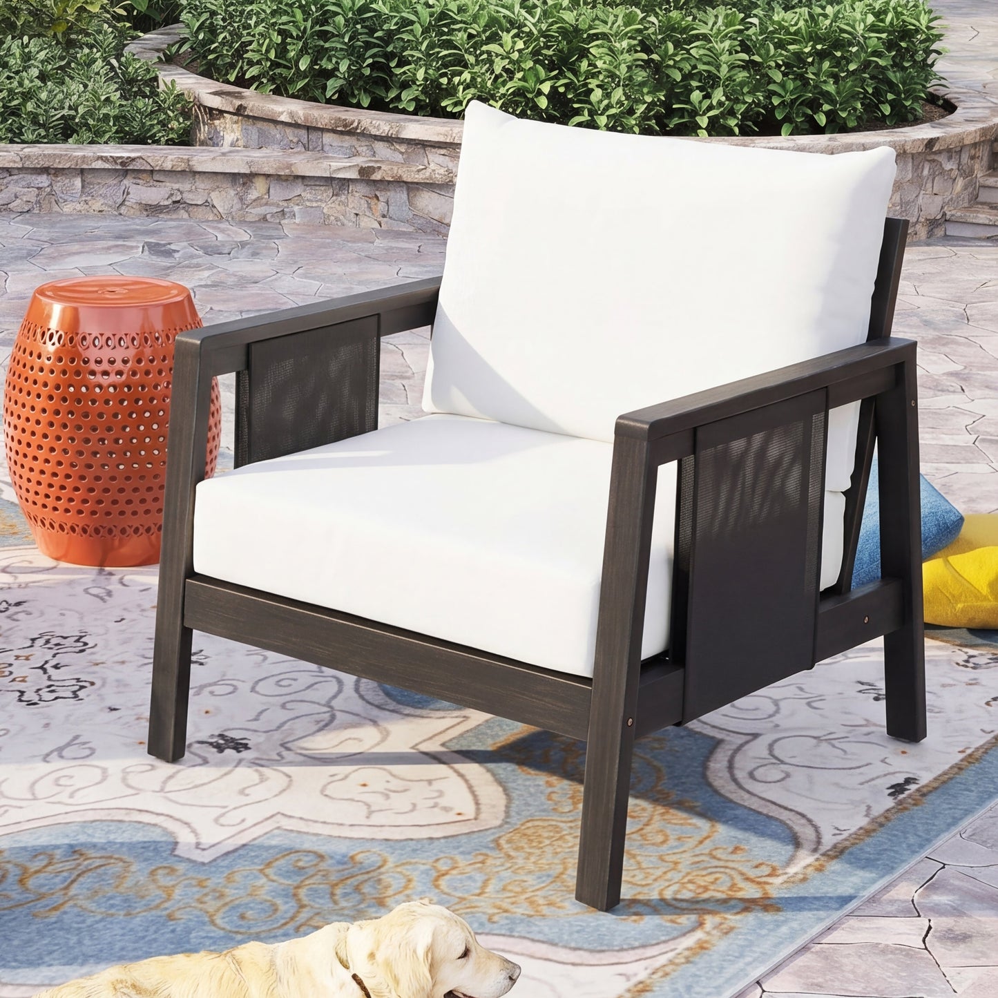 Outdoor Acacia Wood Club Chair And Gray Cushions