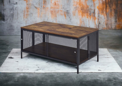 Winam coffee table with antique oak top and black metal frame featuring mesh panel sides on Tampa Home & Garden Store