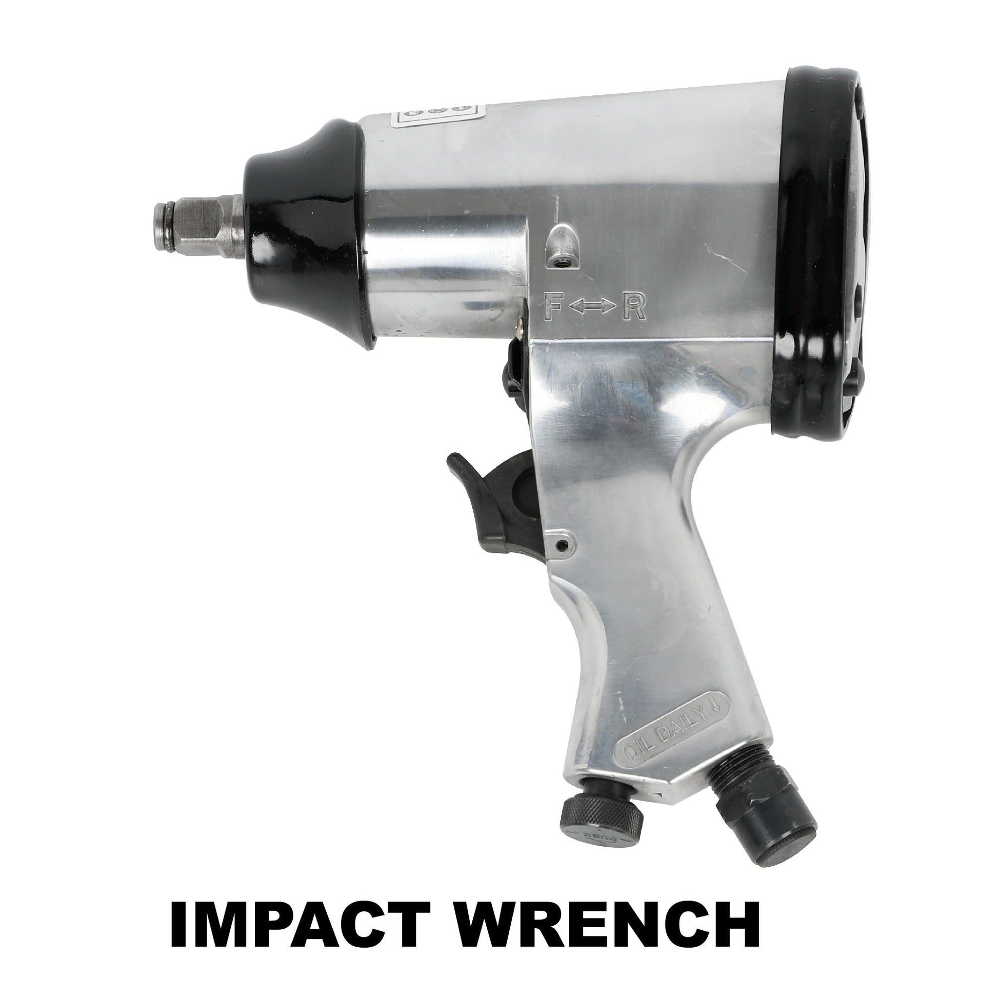 Impact wrench close-up with silver metal body, black grip, and forward/reverse markings on Tampa Home & Garden Store