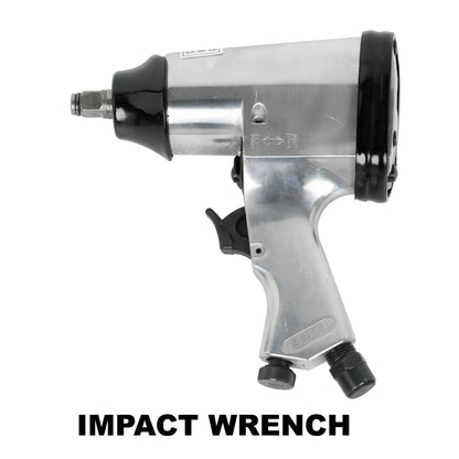 Impact wrench close-up with silver metal body, black grip, and forward/reverse markings on Tampa Home & Garden Store