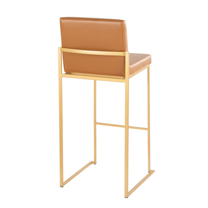 Contemporary high-back barstool set with tan faux leather and gold metal frame, 2 stools on Tampa Home & Garden Store