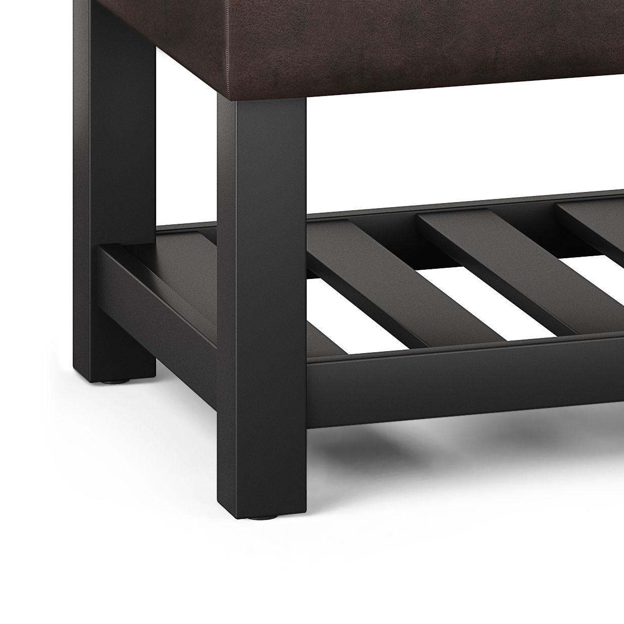 Cosmopolitan storage ottoman bench with open bottom, black metal frame, brown fabric upholstery on Tampa Home & Garden Store