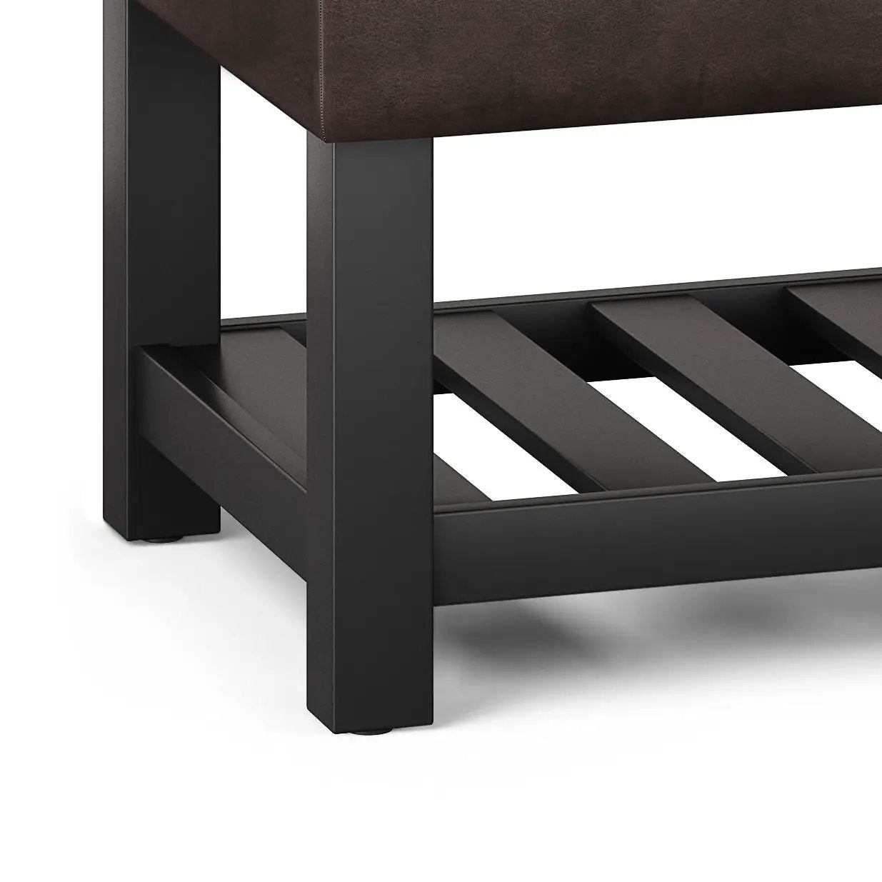 Cosmopolitan storage ottoman bench with open bottom, black metal frame, brown fabric upholstery on Tampa Home & Garden Store
